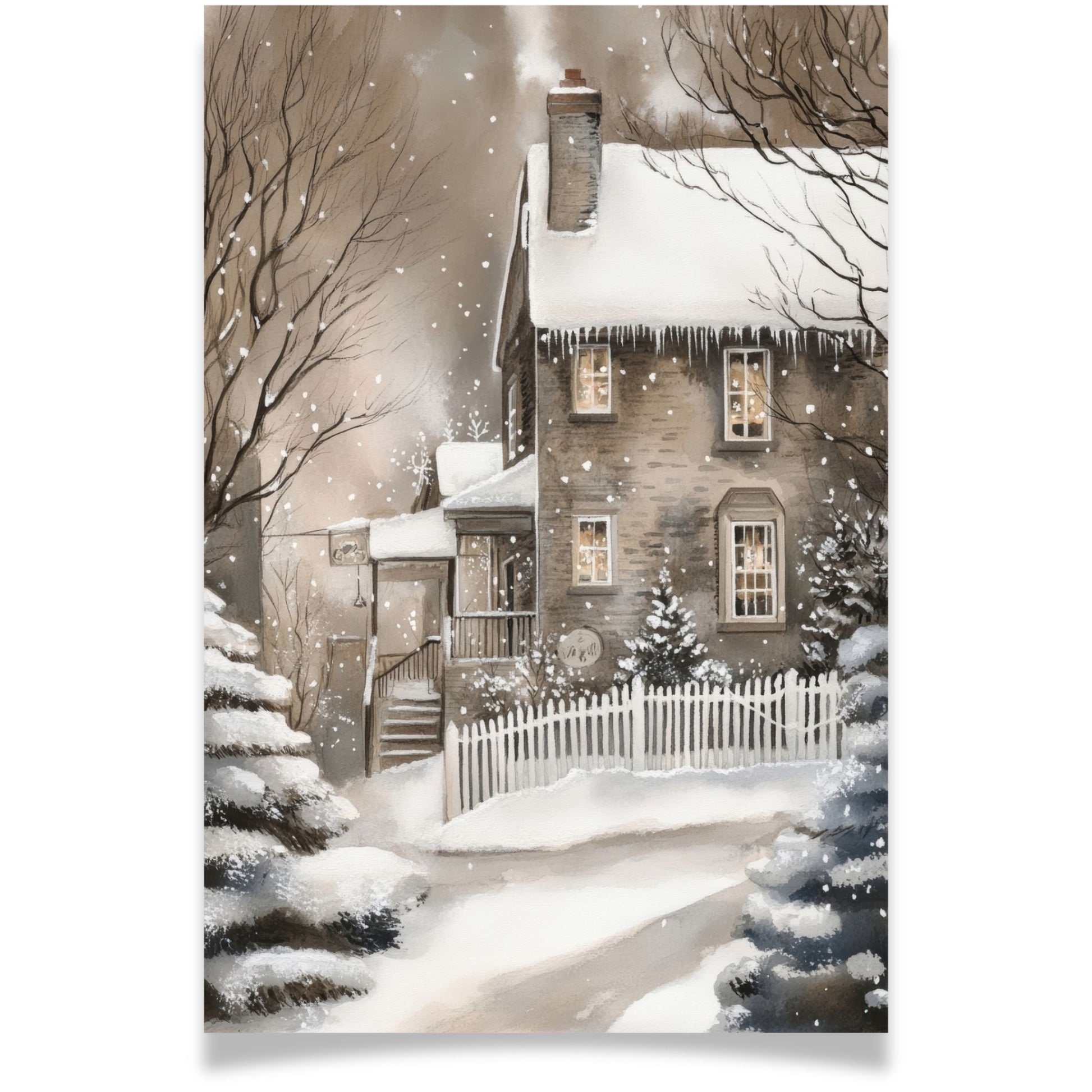 Julekort med vinterhus, snø og liten fugl ved inngangen – Cozy Winter Story Collection. Med personlig hilsen.