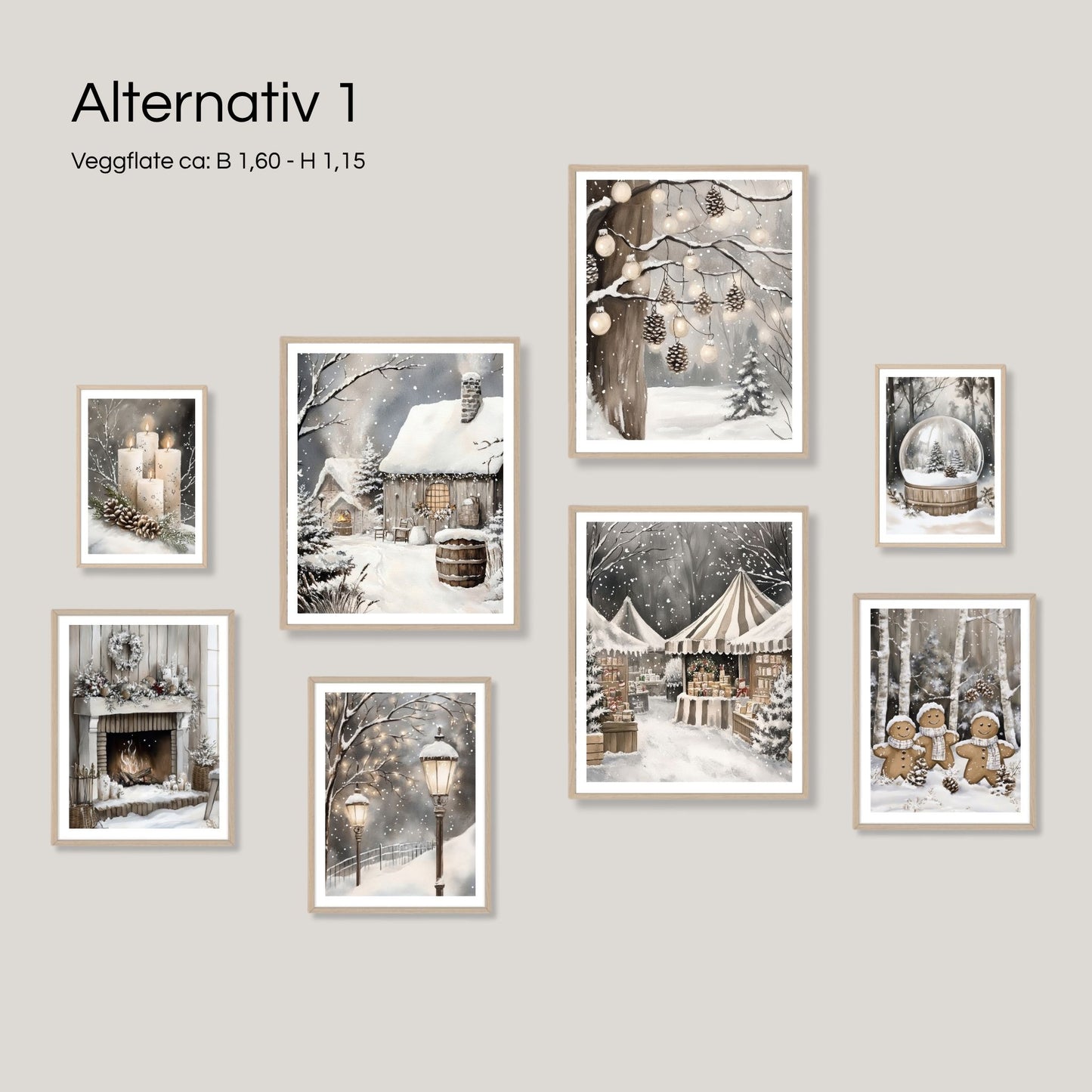 Forslag til gallerivegg med 8 vinterplakater fra Cozy Winter Story Collection. Viser balansert oppsett med størrelsene 2 stk 21x30, 3 stk 30x40 og 3 stk 40x50 på en veggflate på ca. 1,60 x 1,15 meter.