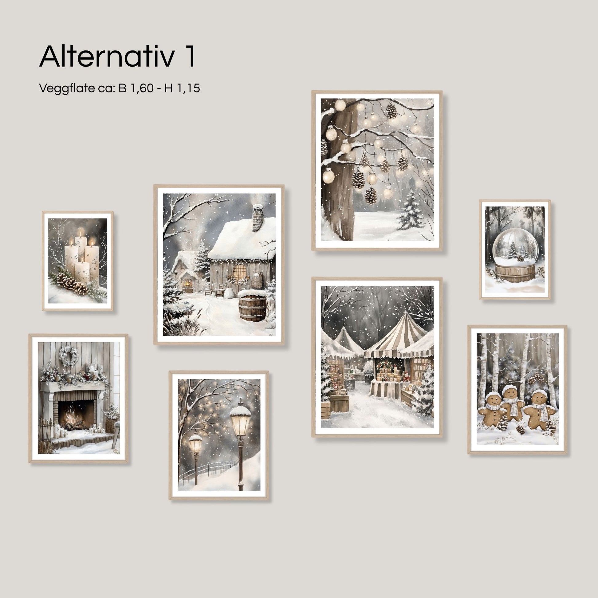 Forslag til gallerivegg med 8 vinterplakater fra Cozy Winter Story Collection. Viser balansert oppsett med størrelsene 2 stk 21x30, 3 stk 30x40 og 3 stk 40x50 på en veggflate på ca. 1,60 x 1,15 meter.