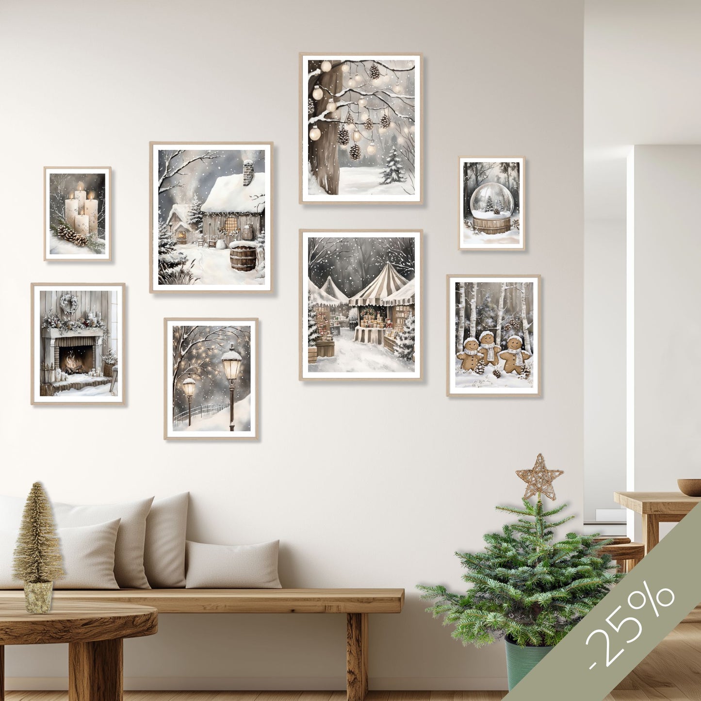 Galleri 1 - Alt. 1 fra Cozy Winter Story Collection – alternativ oppheng med åtte plakater i vintertema. Viser gallerivegg med juleinspirerte motiver i dempet fargepalett, plassert over benk i nordisk interiør.