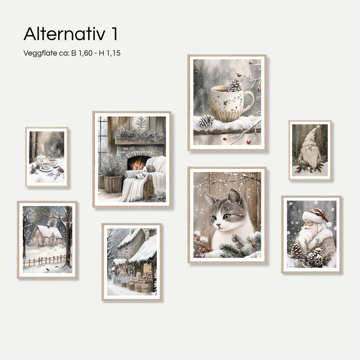 Interiørbilde med Cozy Winter Story Collection – Galleri 3, Alternativ 1. 8 vinterplakater med koselige motiver av katt, nisse, peis og vinterlandskap, vist på vegg i lyst nordisk interiør med varme tekstiler og naturlige toner.