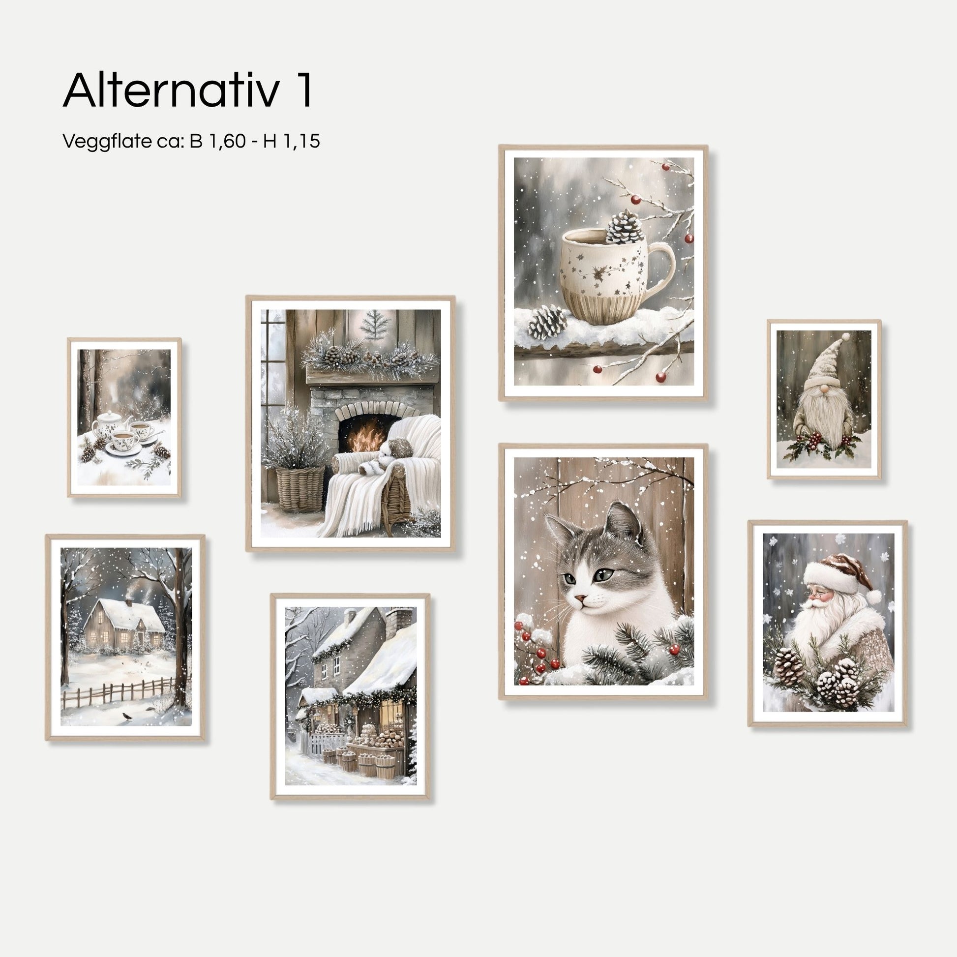 Interiørbilde med Cozy Winter Story Collection – Galleri 3, Alternativ 1. 8 vinterplakater med koselige motiver av katt, nisse, peis og vinterlandskap, vist på vegg i lyst nordisk interiør med varme tekstiler og naturlige toner.