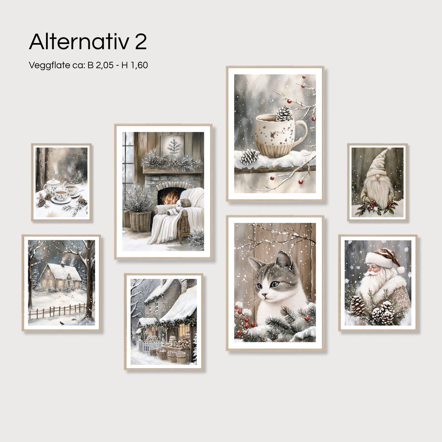 Forslag til gallerivegg fra Cozy Winter Story Collection – Galleri 3, Alternativ 2. 8 vinterplakater i varme beige- og gråtoner med motiver som katt, nisse, peis, kaffekopp og snødekte hus. Veggflate ca. B 2,05 x H 1,60.