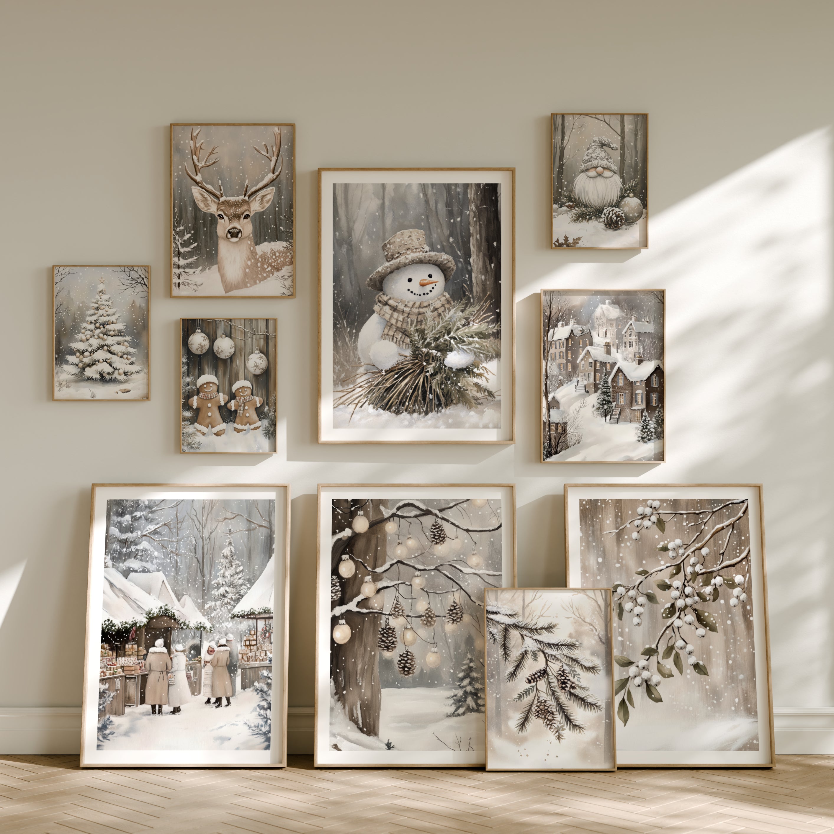 Gallerivegg med 10 plakater fra serien Cozy Winter Story Collection