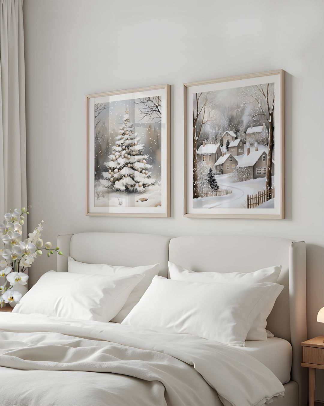 Soverom med lyse tekstiler og to vinterplakater fra Cozy Winter Story Collection på veggen – ett motiv med snødekt juletre og ett med vinterlandsby.