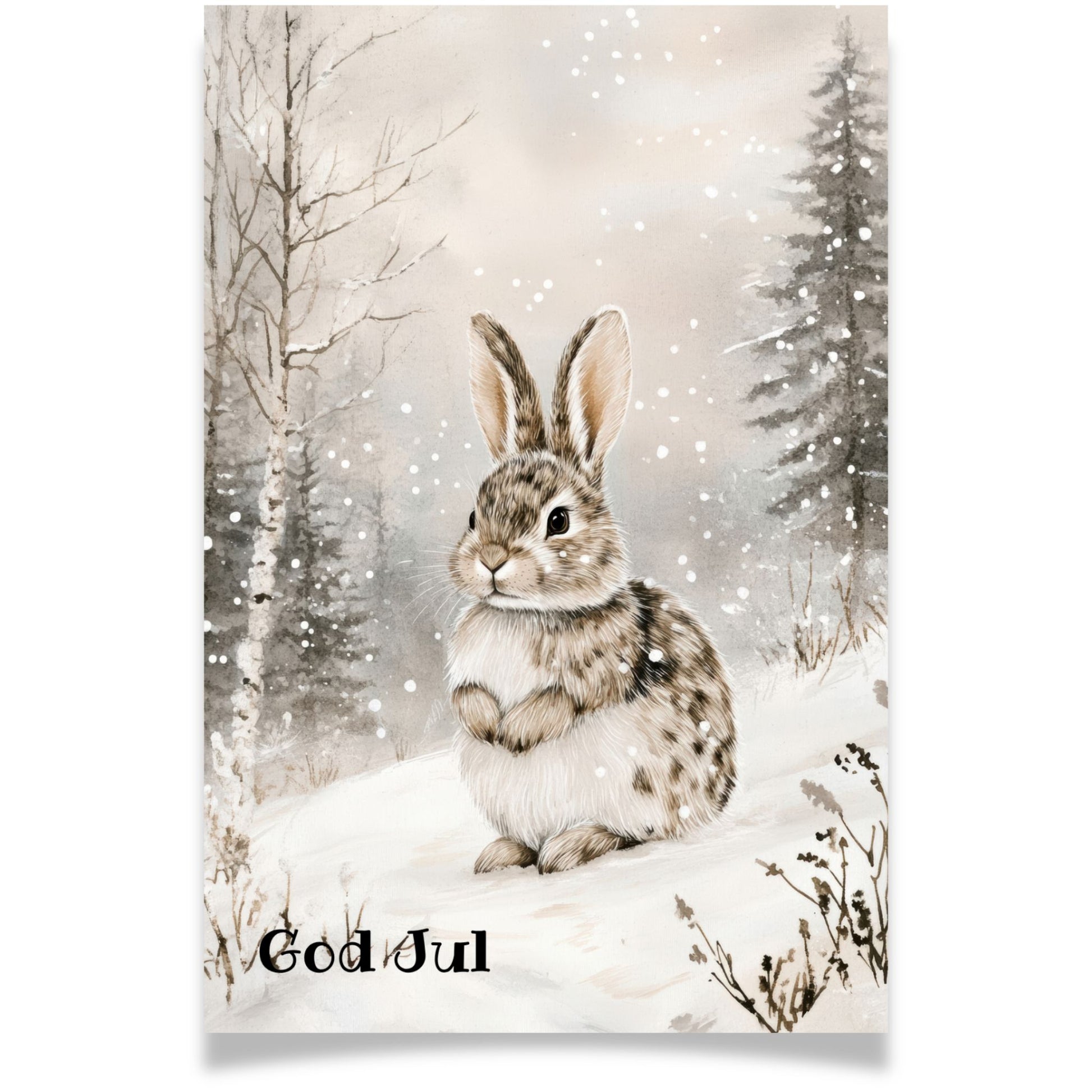 Julekort med hare i vinterlandskap fra Cozy Winter Story – koselig motiv med natur og snø.