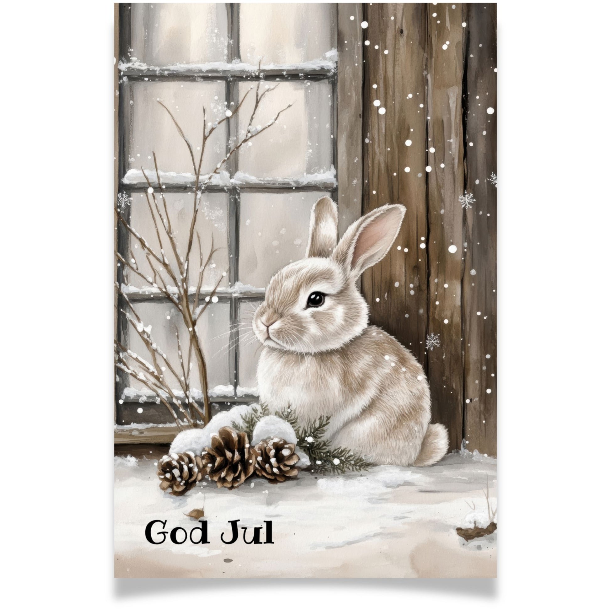 Julekort med hare utenfor vindu fra Cozy Winter Story – nostalgisk vintermotiv med granbar og kongler.