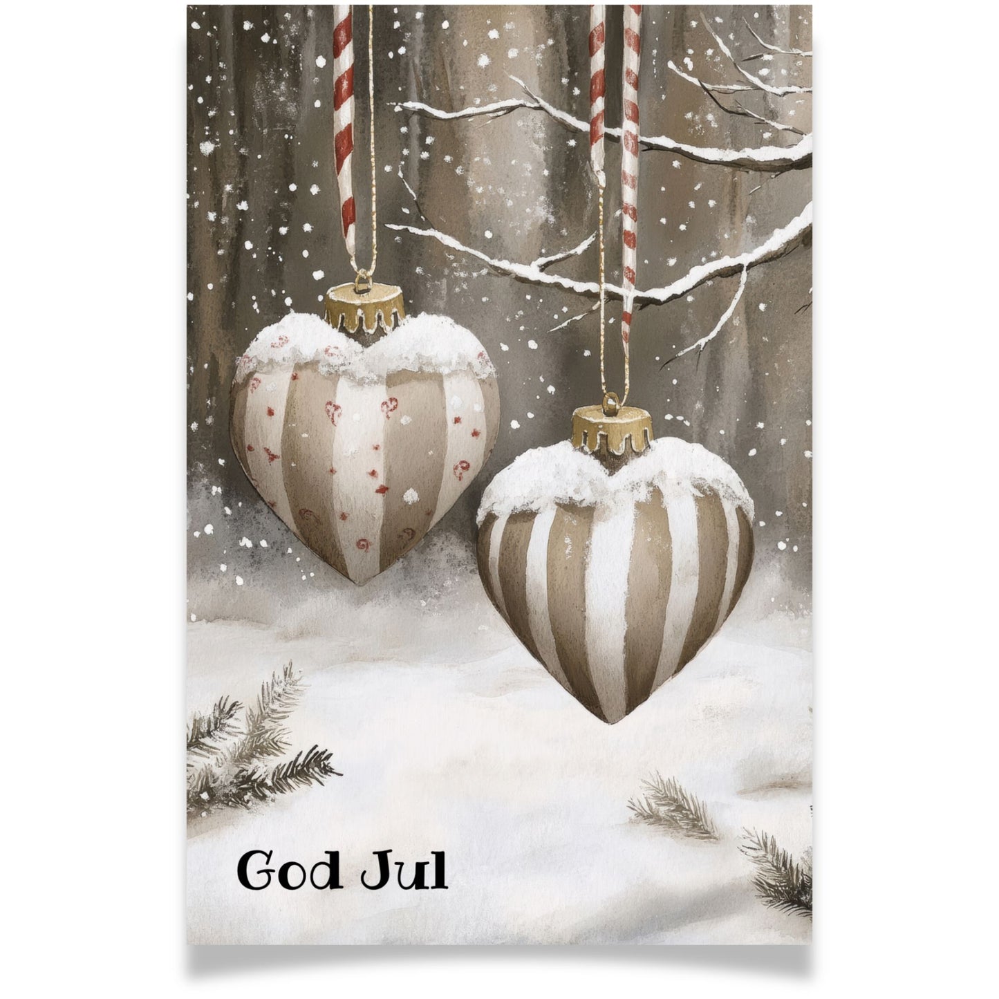 Julekort med to hengende julehjerter med røde bånd fra Cozy Winter Story – klassisk og romantisk julestemning.