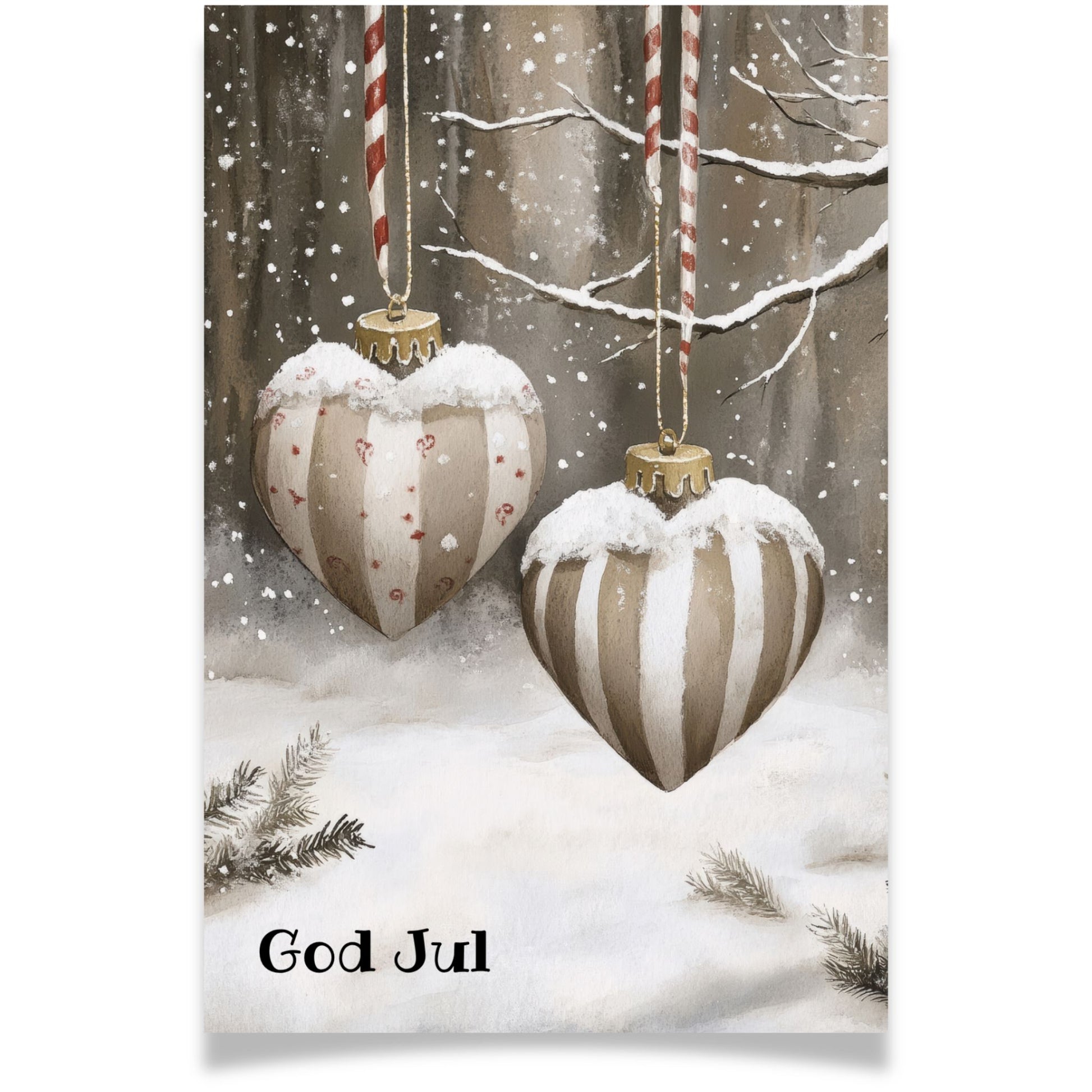 Julekort med to hengende julehjerter med røde bånd fra Cozy Winter Story – klassisk og romantisk julestemning.