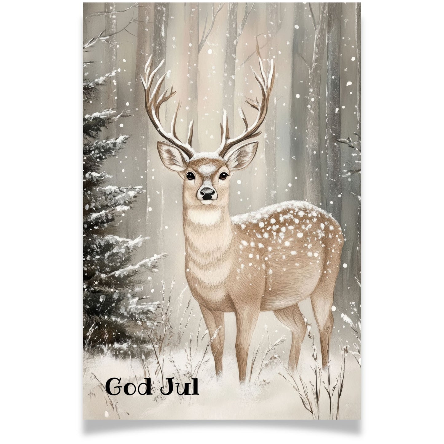 Julekort med hjort i vinterskog fra Cozy Winter Story – stemningsfullt motiv i nordisk stil.