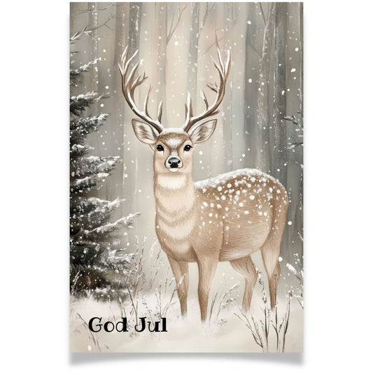Julekort med hjort i vinterskog fra Cozy Winter Story – stemningsfullt motiv i nordisk stil.