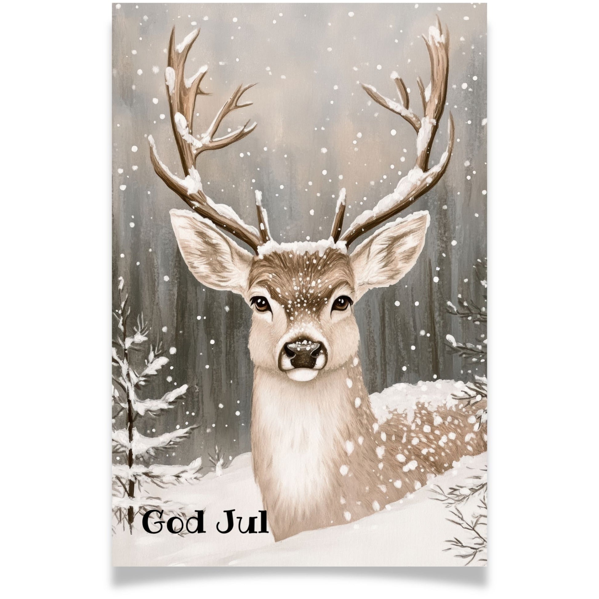 Julekort med hjort i snøvær fra Cozy Winter Story – elegant vintermotiv i duse toner.