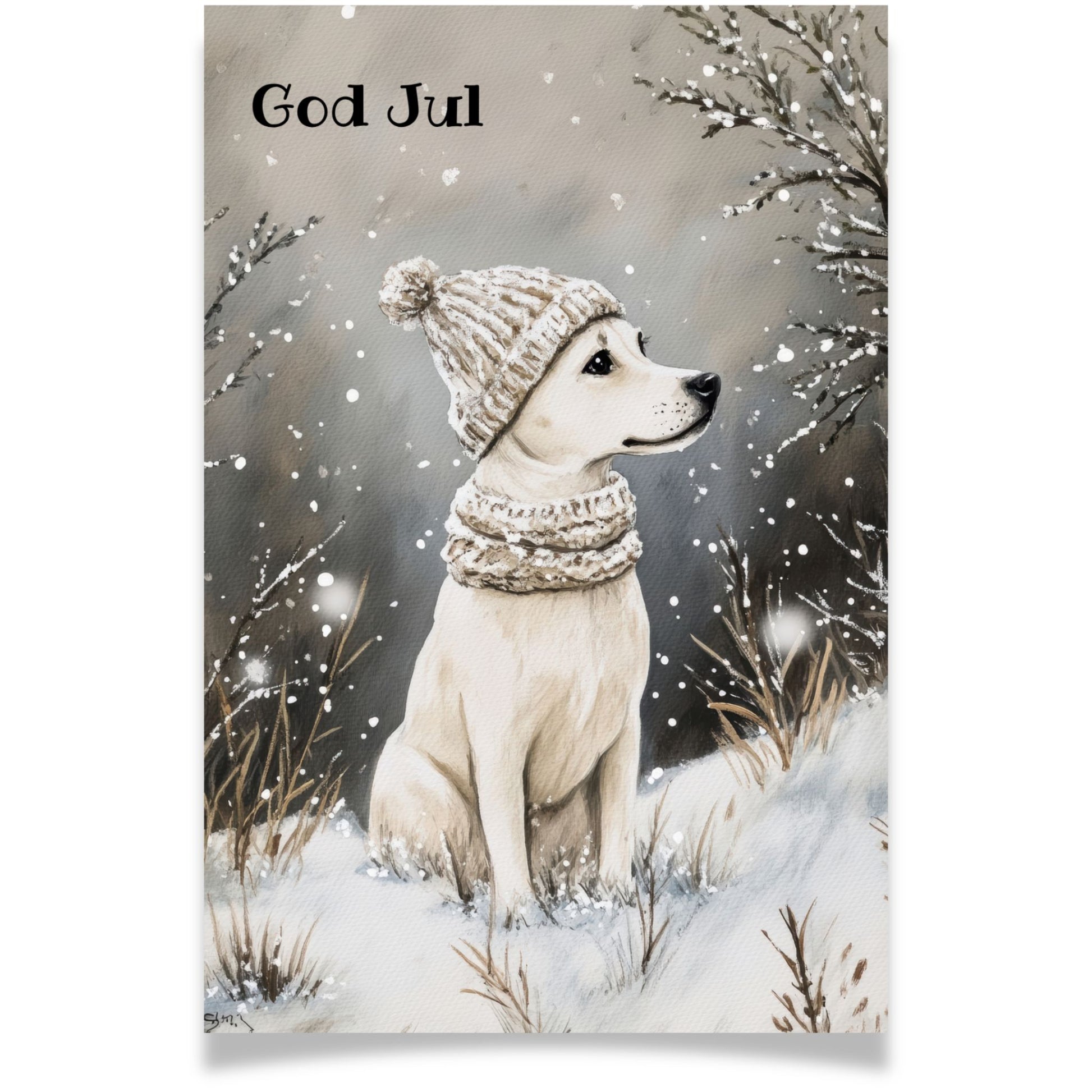 Julekort med hund i vinterlue og skjerf fra Cozy Winter Story – koselig vintermotiv.