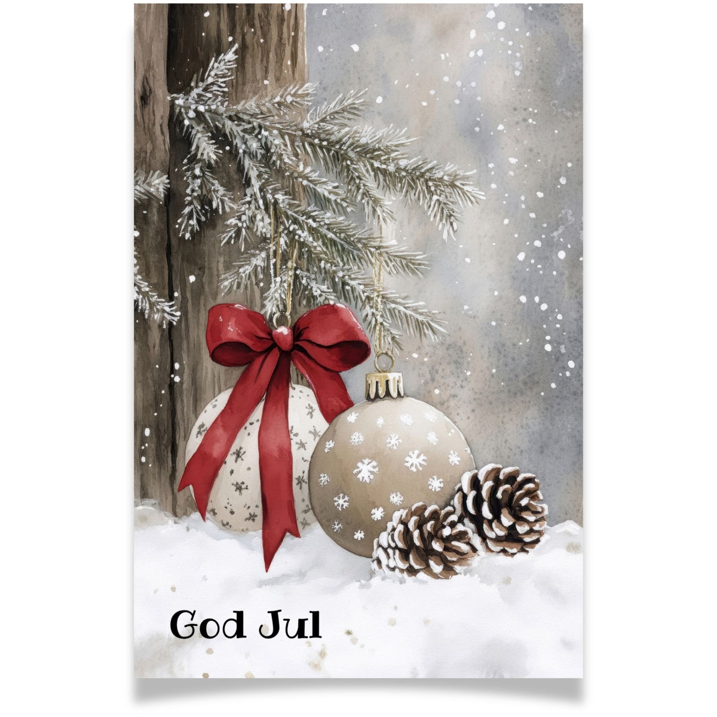 Julekort med julekuler, kongler og rød sløyfe fra Cozy Winter Story – elegant og vinterlig motiv.