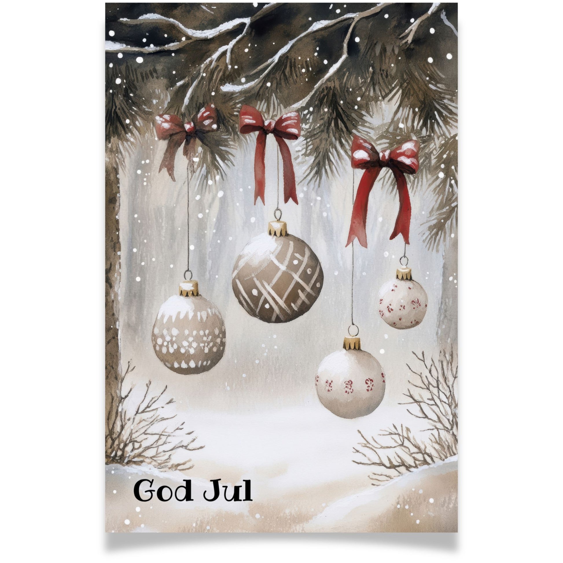 Julekort med julekuler og røde sløyfer fra Cozy Winter Story – klassisk julestemning i myke naturfarger.