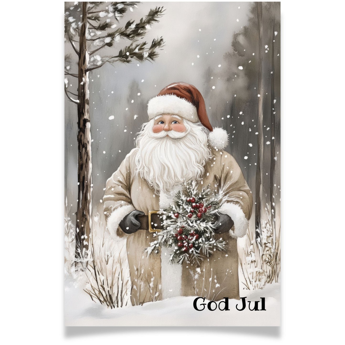 Julekort med julenisse som holder en bærbukett fra Cozy Winter Story – varm og tradisjonell julehilsen.