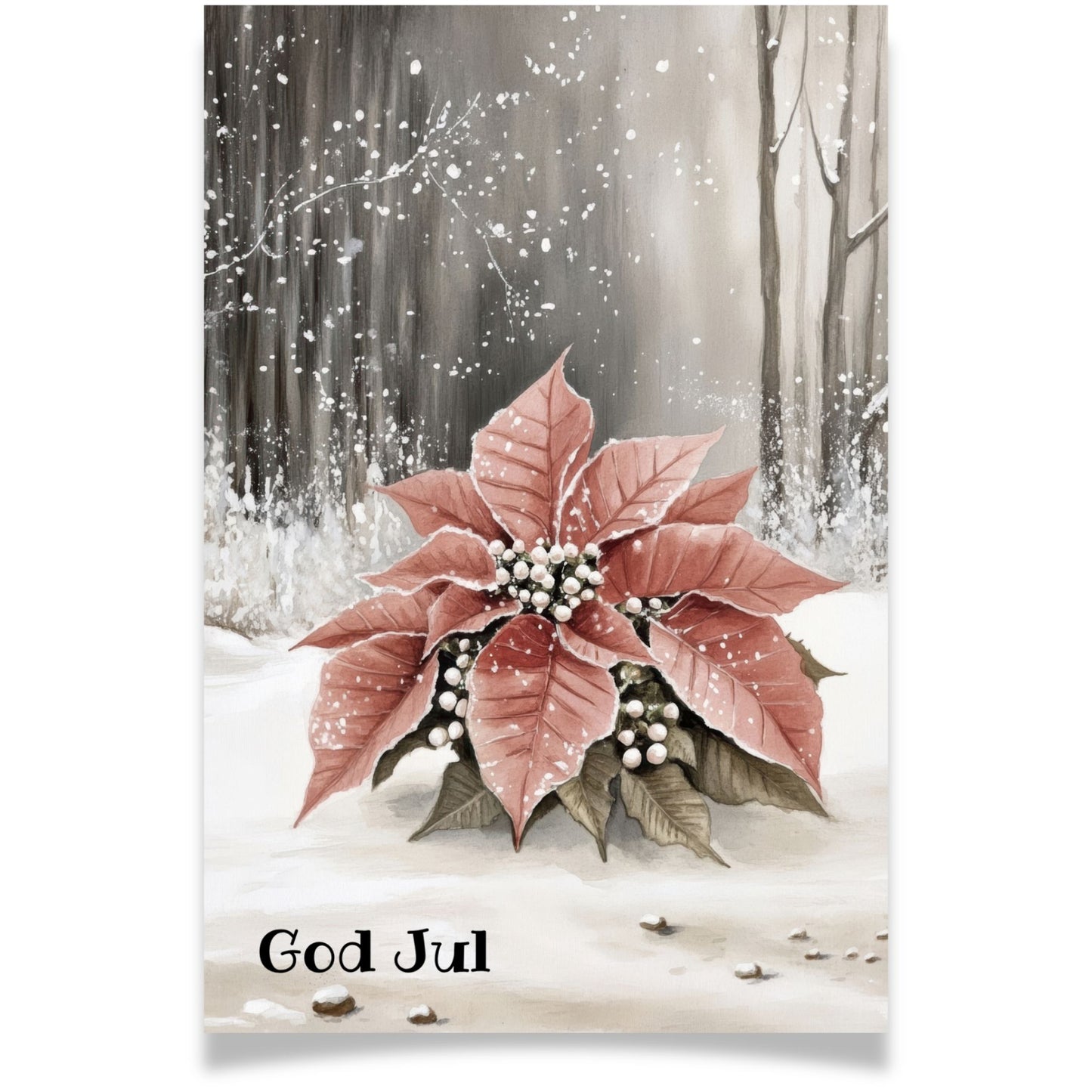 Julekort med rød julestjerne i vinterlandskap fra Cozy Winter Story – tradisjonelt julemotiv med varm fargetone.