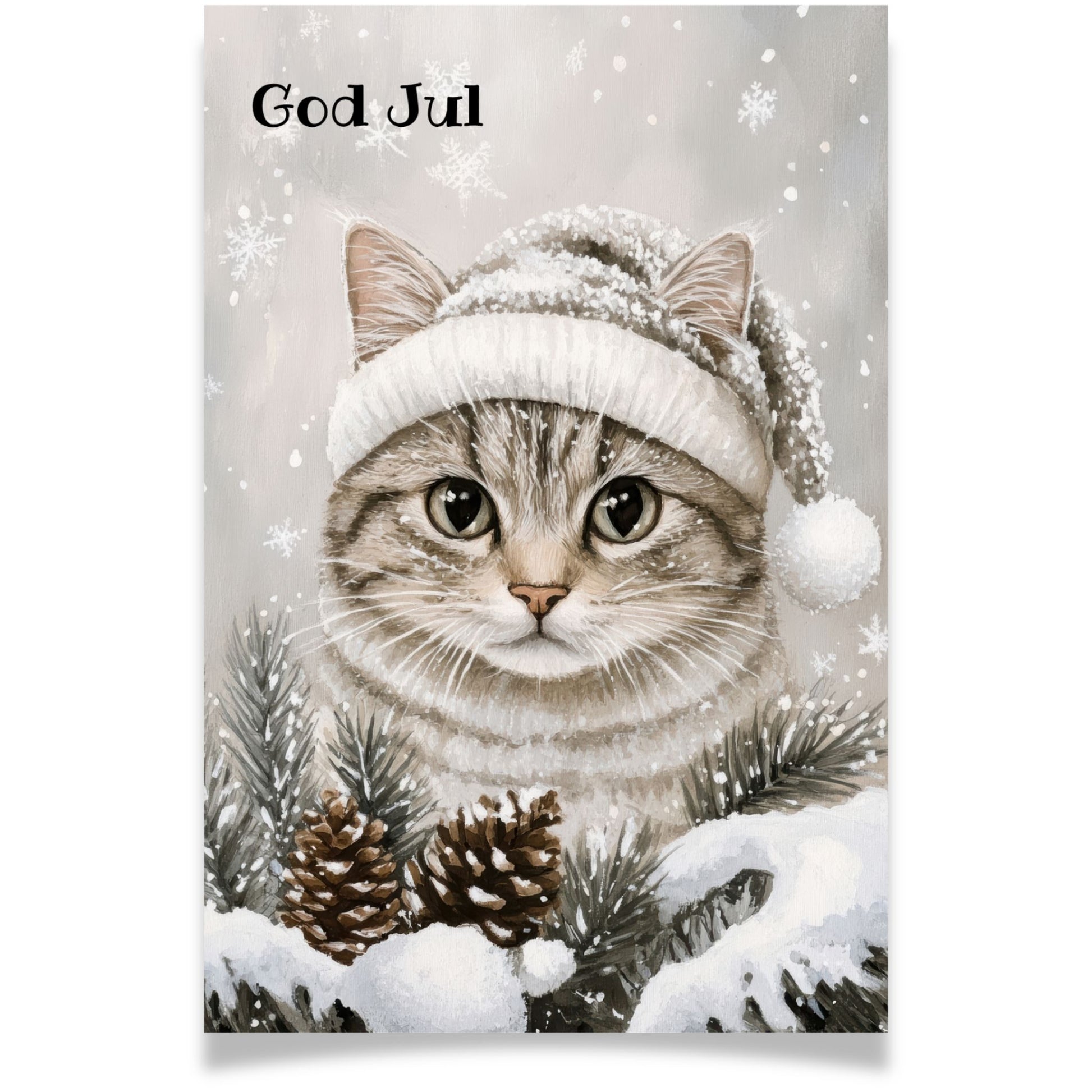 Julekort med katt i nisselue fra Cozy Winter Story – sjarmerende julemotiv med vinterstemning.