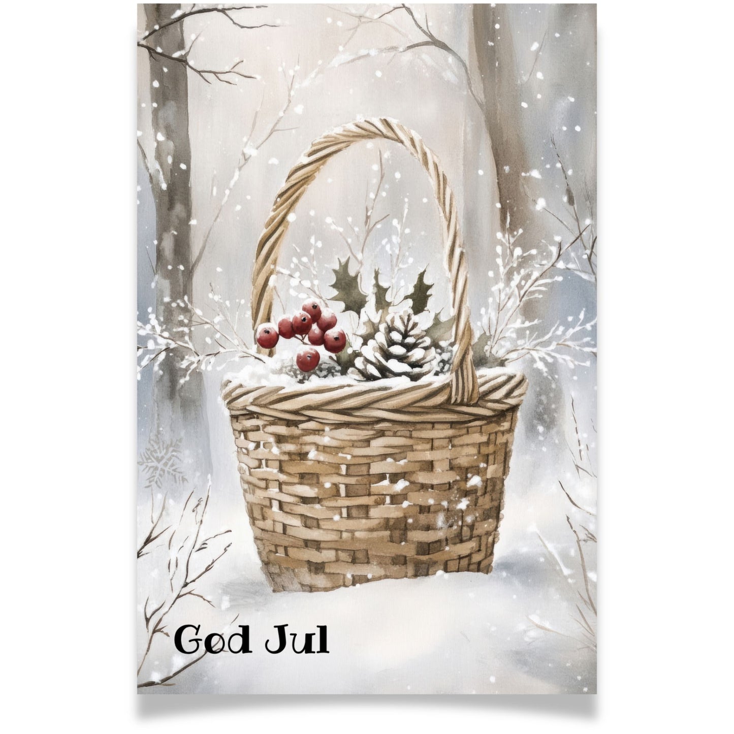 Julekort med flettet kurv fylt med kongler og røde bær fra Cozy Winter Story – delikat vintermotiv i naturtoner.