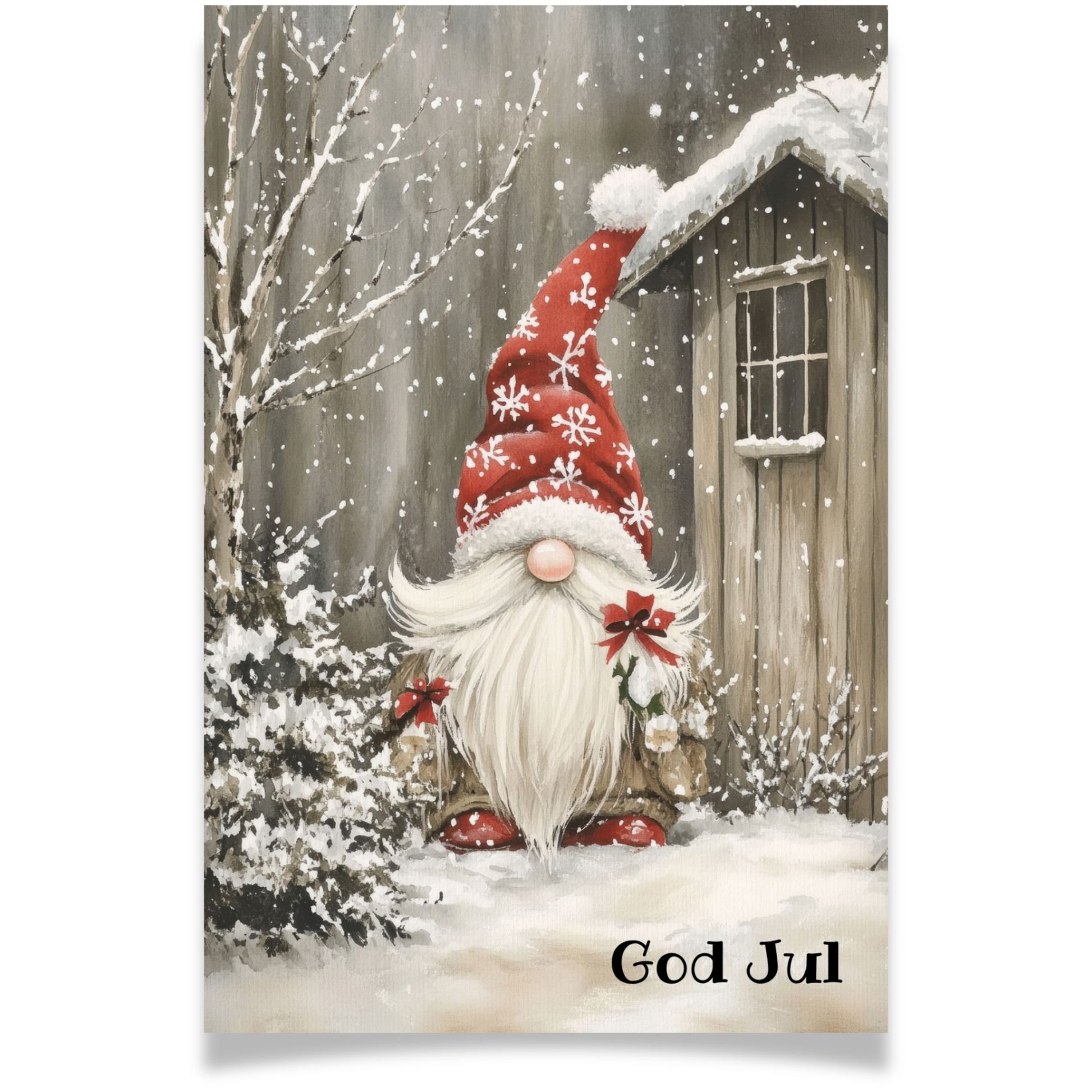 Julekort med nisse i rød lue fra Cozy Winter Story – koselig vintermotiv med nostalgisk preg.