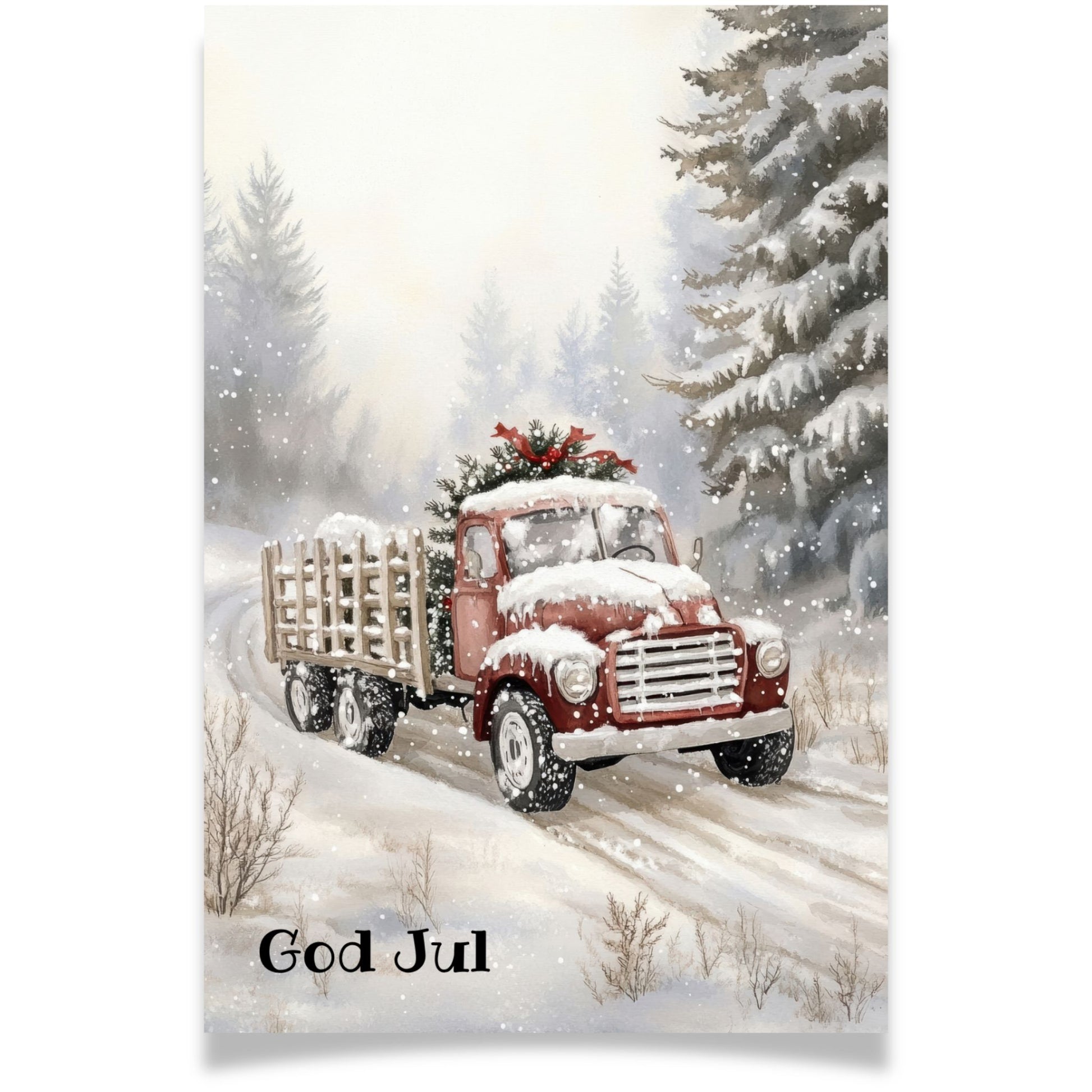 Julekort med en rød lastebil i vinterlandskap.