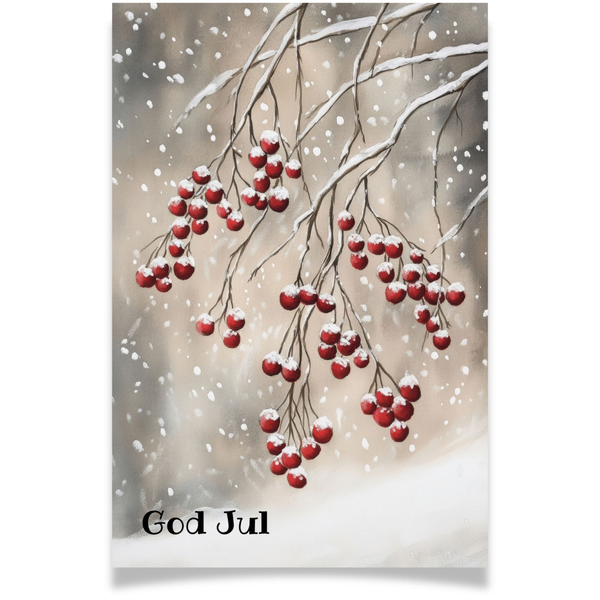Julekort med røde bær på snødekte greiner fra Cozy Winter Story – enkelt og stemningsfullt vintermotiv.
