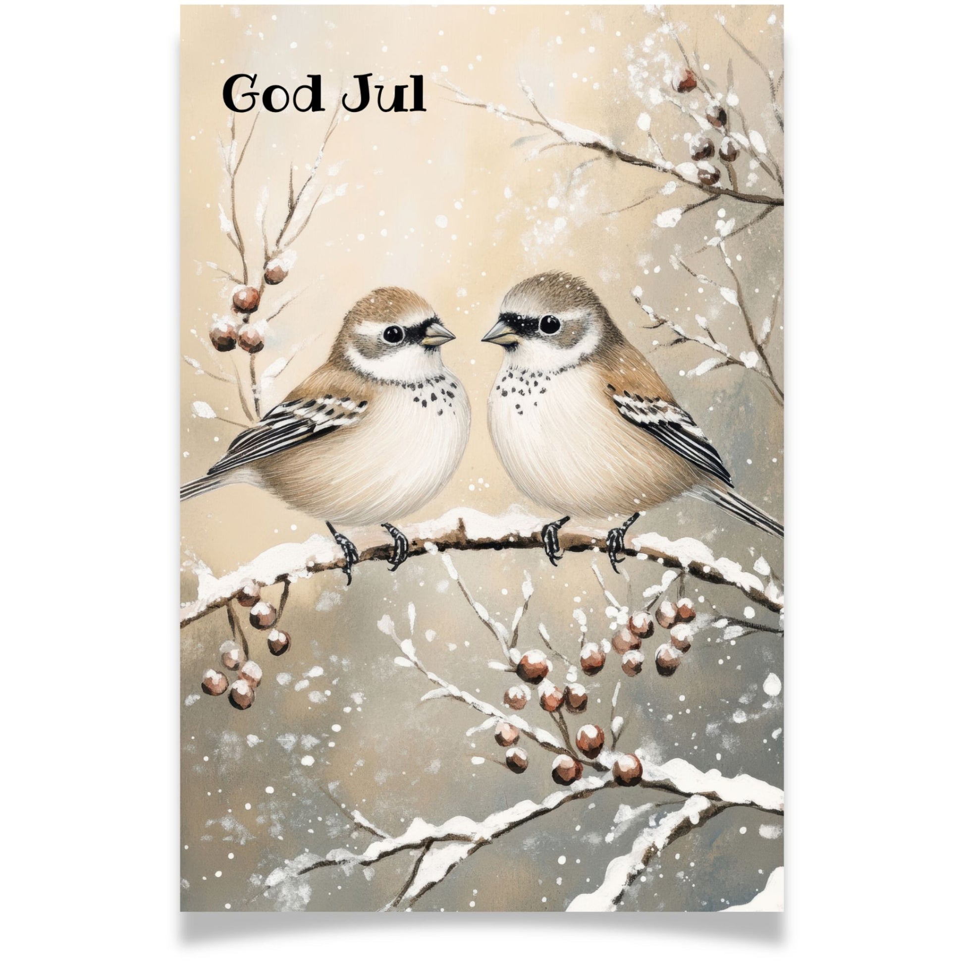 Julekort med to spurver på snødekket gren fra Cozy Winter Story – klassisk vintermotiv.