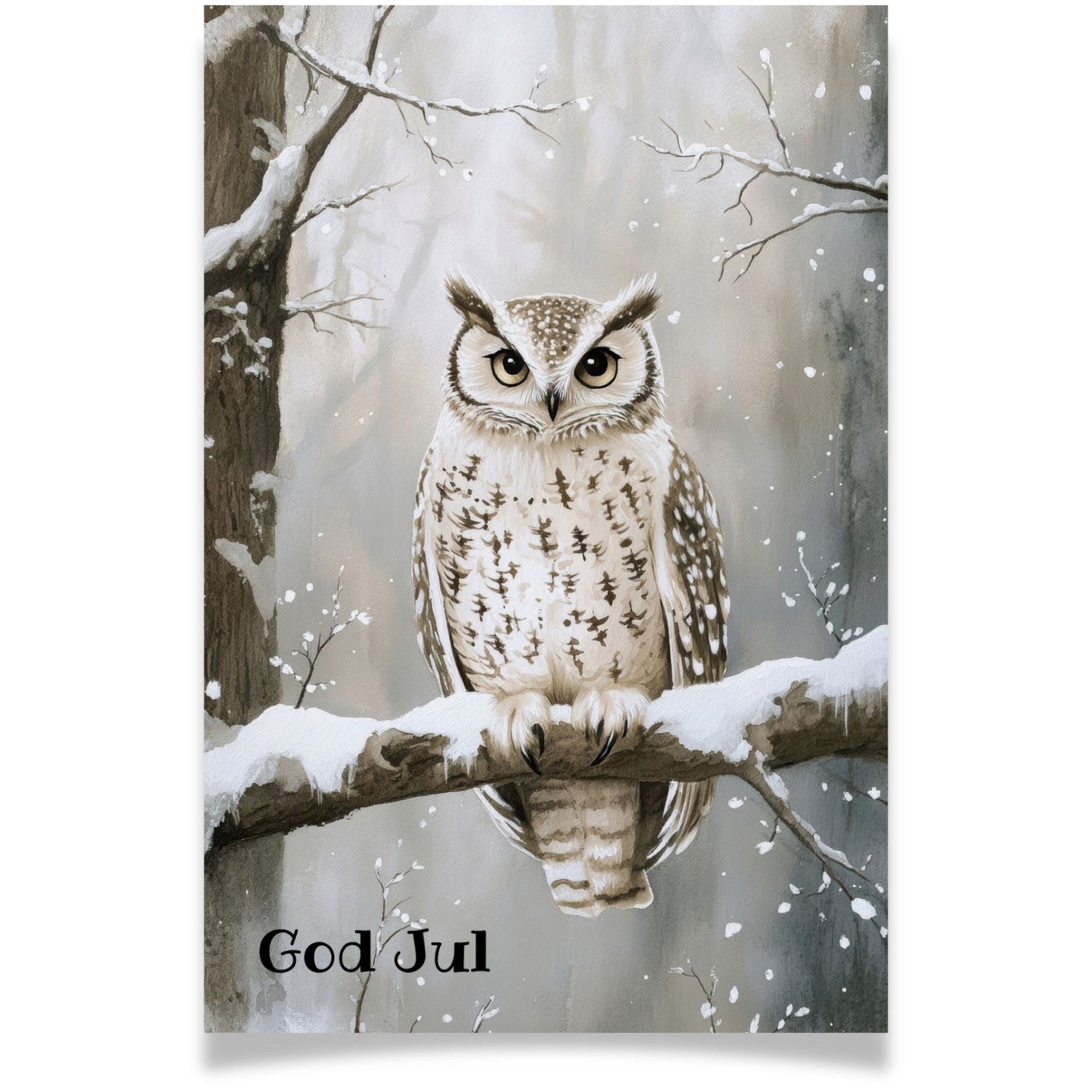 Julekort med ugle på snødekket gren fra Cozy Winter Story – rolig og stemningsfullt vintermotiv.