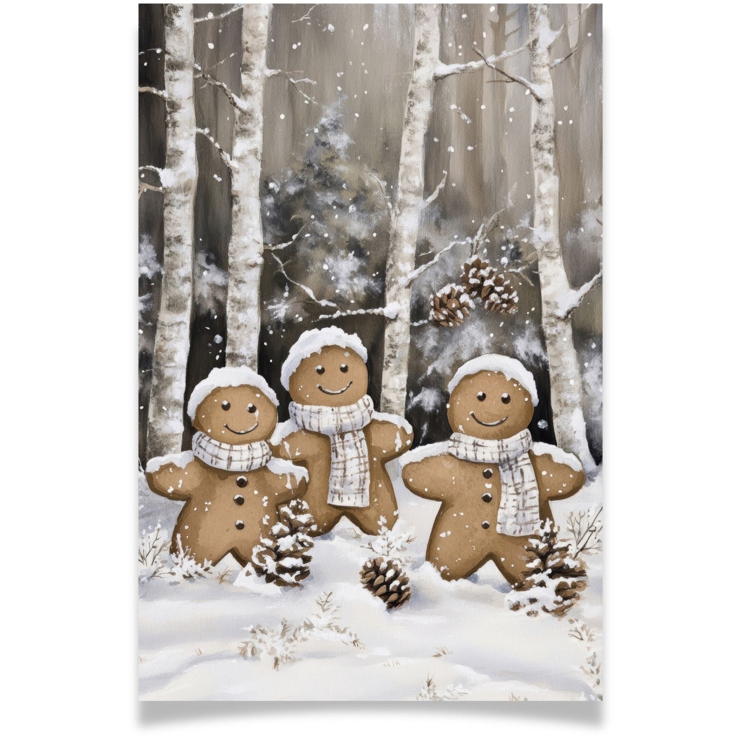 Julekort med tre pepperkakefigurer i snødekket skog – Cozy Winter Story Collection. Valgfritt med personlig hilsen.