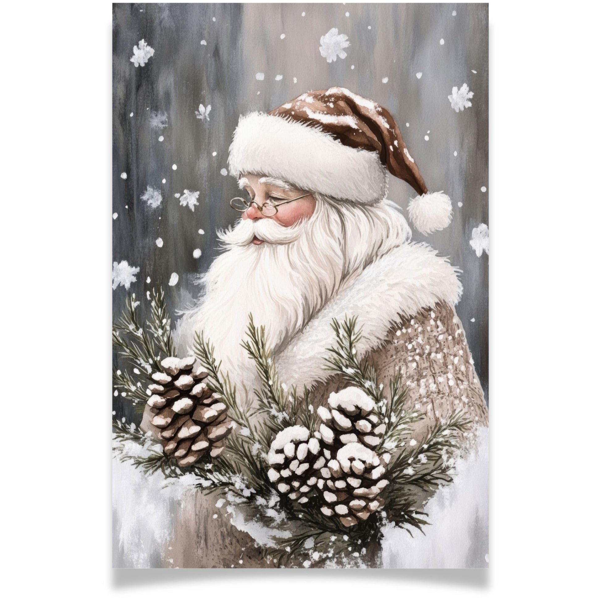 Julekort med nisse med kongler og granbar – Cozy Winter Story Collection. Kort med personlig hilsen.