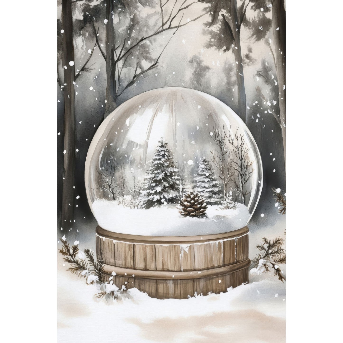 Julekort med snøkule og små grantrær – Cozy Winter Story Collection. Kort med personlig hilsen