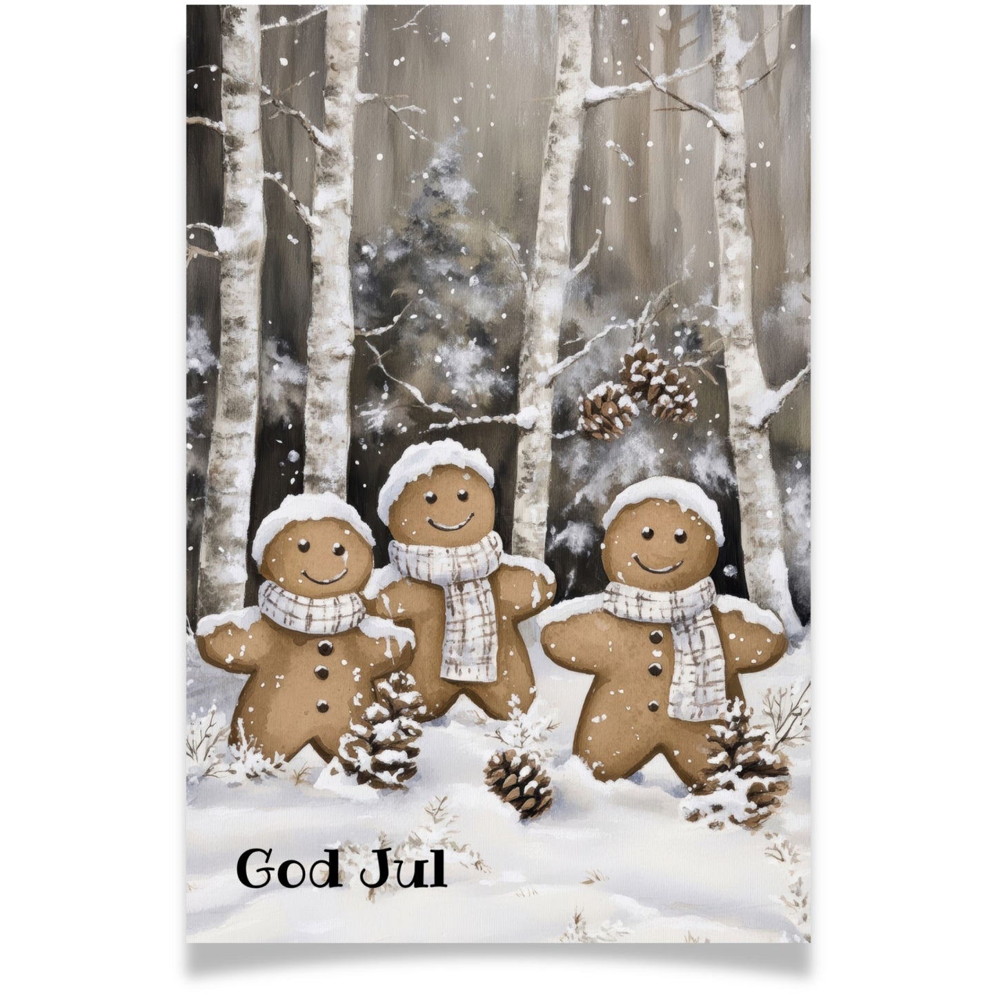 Julekort med tre pepperkakefigurer i snødekket skog – Cozy Winter Story Collection