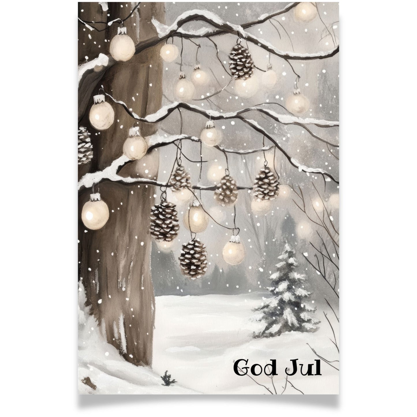 Julekort med lysende kongler og julekuler på snødekket grein – Cozy Winter Story Collection