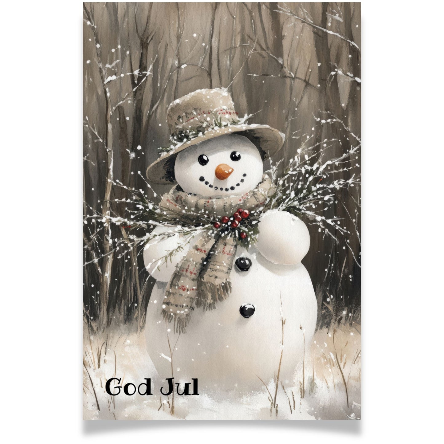 Julekort med snømann i skogen – Cozy Winter Story Collection