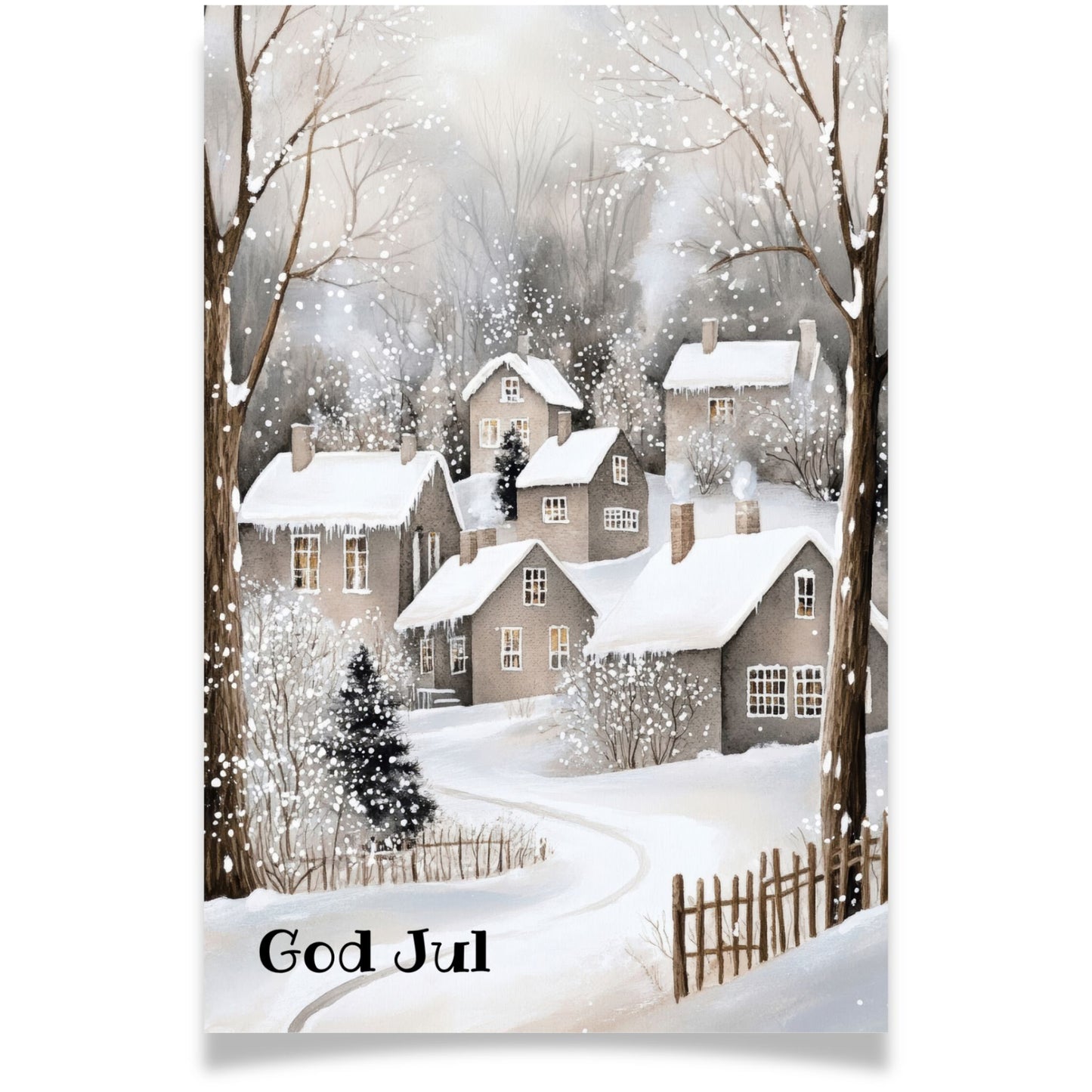 Julekort med snødekt landsby og varme vinduer – Cozy Winter Story Collection