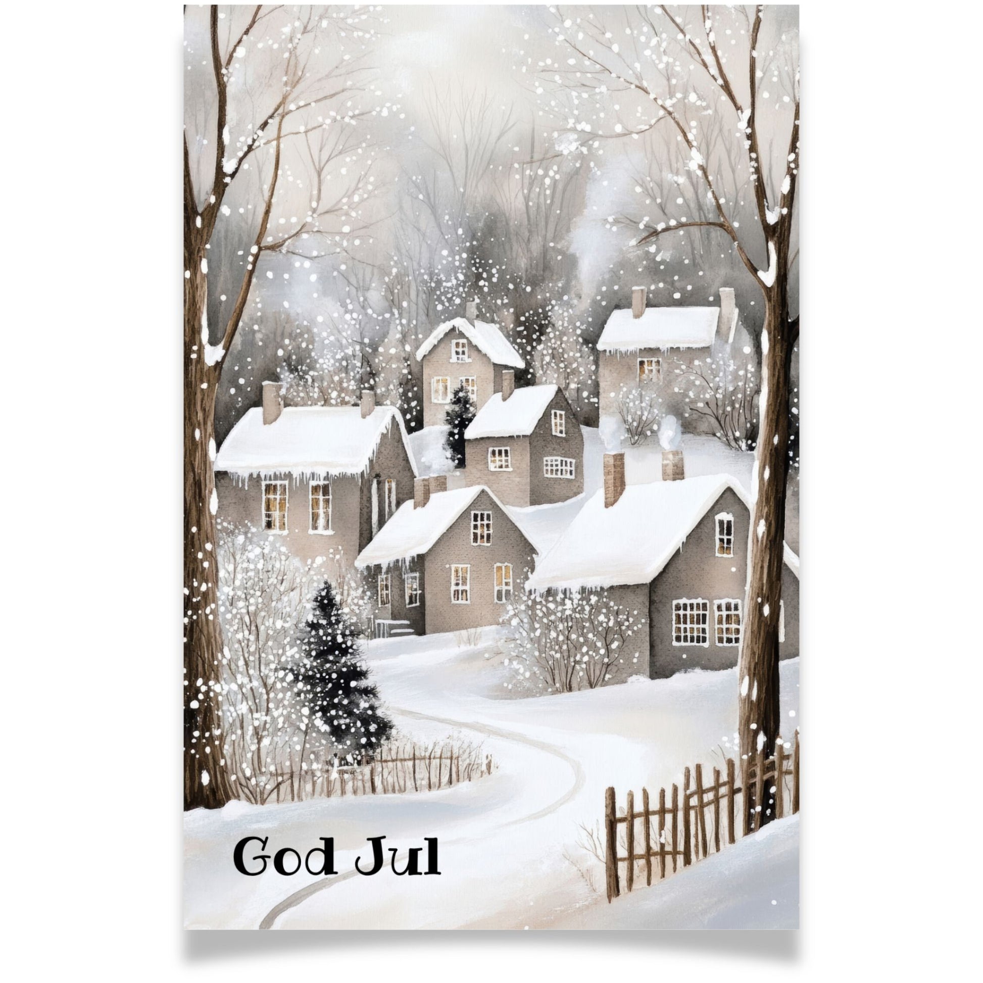 Julekort med snødekt landsby og varme vinduer – Cozy Winter Story Collection