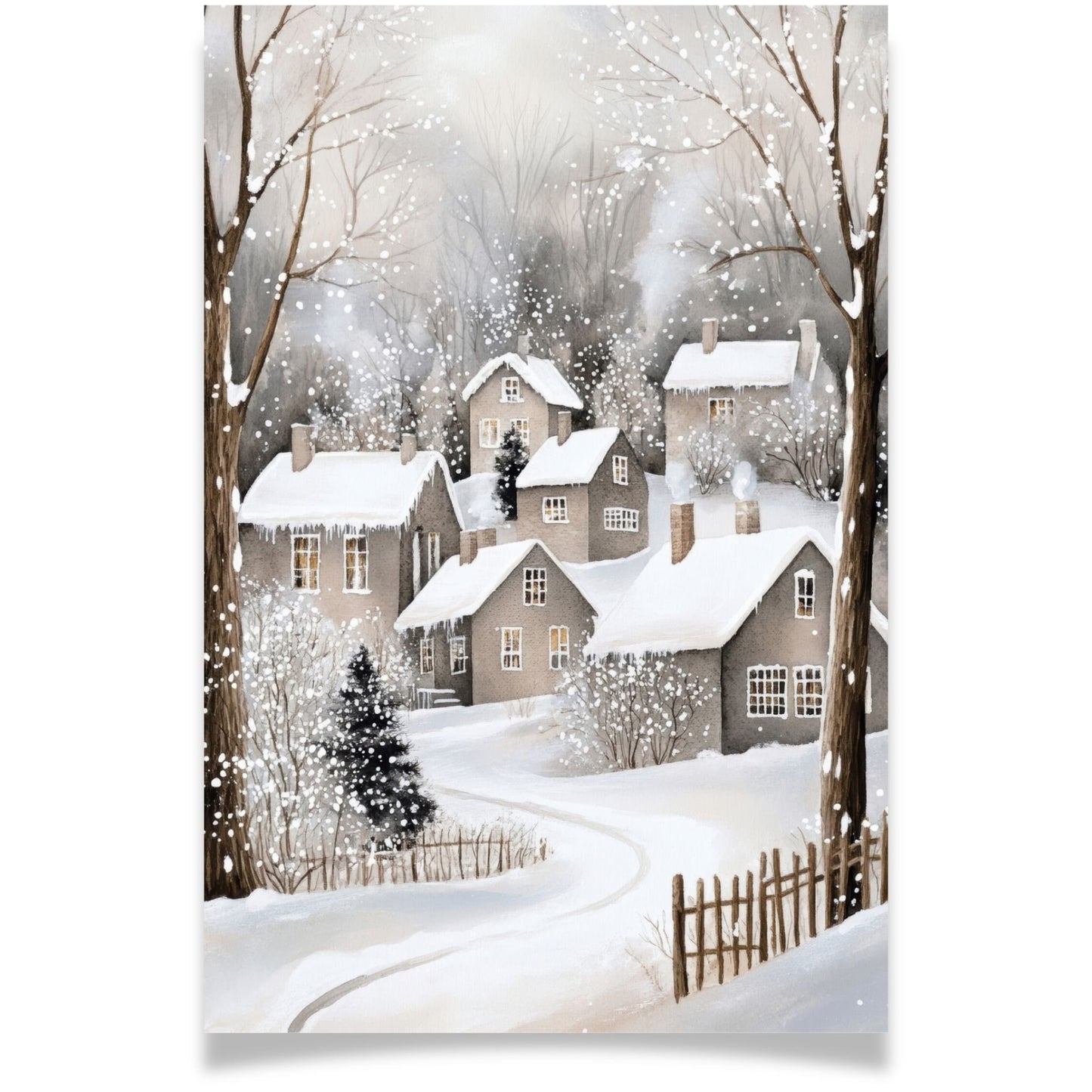 Julekort med snødekt landsby og varme vinduer – Cozy Winter Story Collection. Doble kort med personlig hilsen.