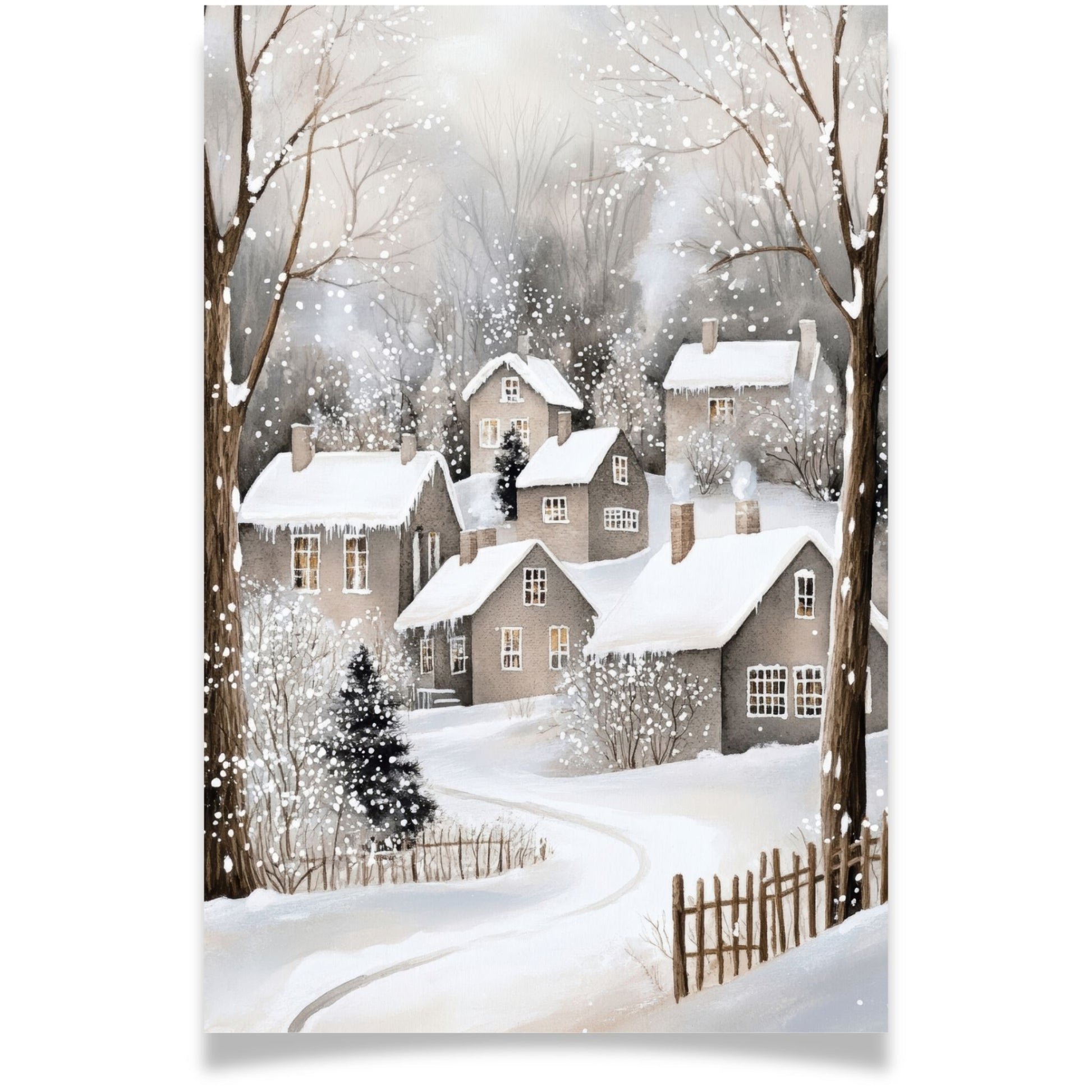 Julekort med snødekt landsby og varme vinduer – Cozy Winter Story Collection. Doble kort med personlig hilsen.