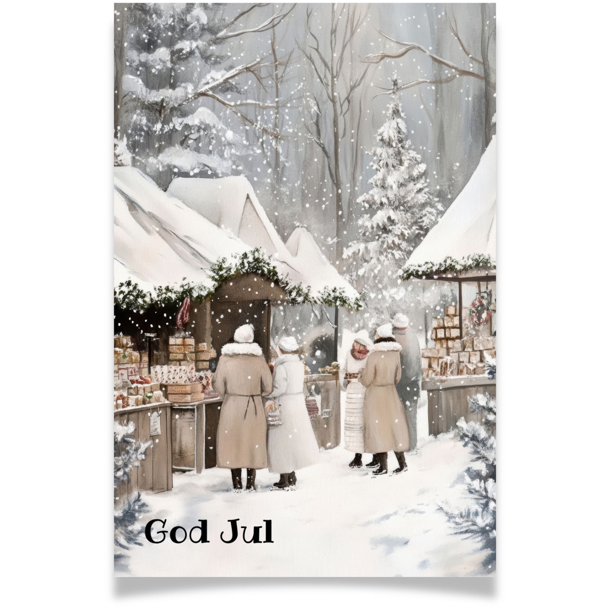 Julekort med folk på julemarked omgitt av snø – Cozy Winter Story Collection