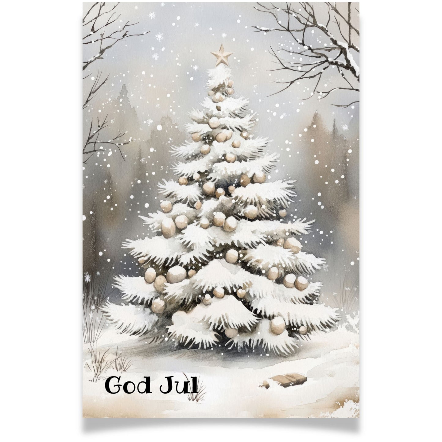 Julekort med juletre pyntet i hvitt og gull – Cozy Winter Story Collection