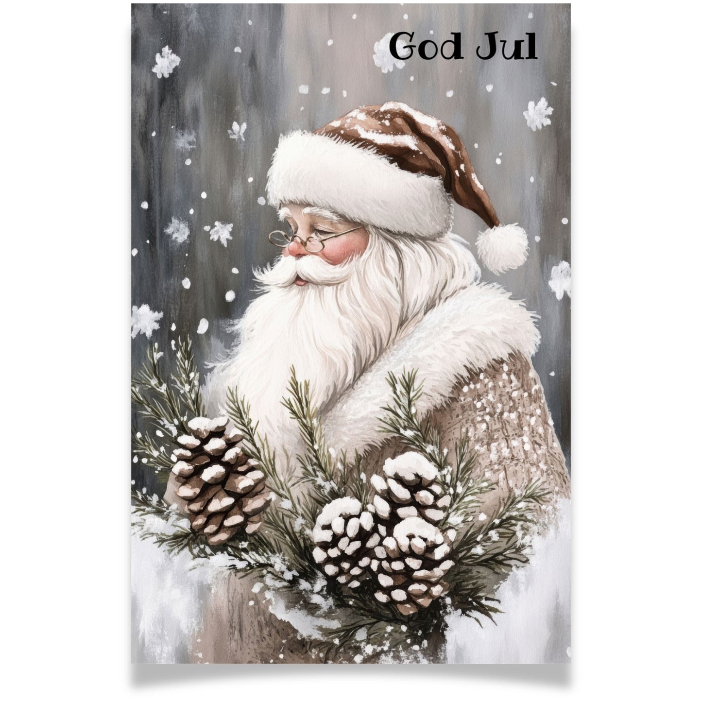 Julekort med nisse med kongler og granbar – Cozy Winter Story Collection
