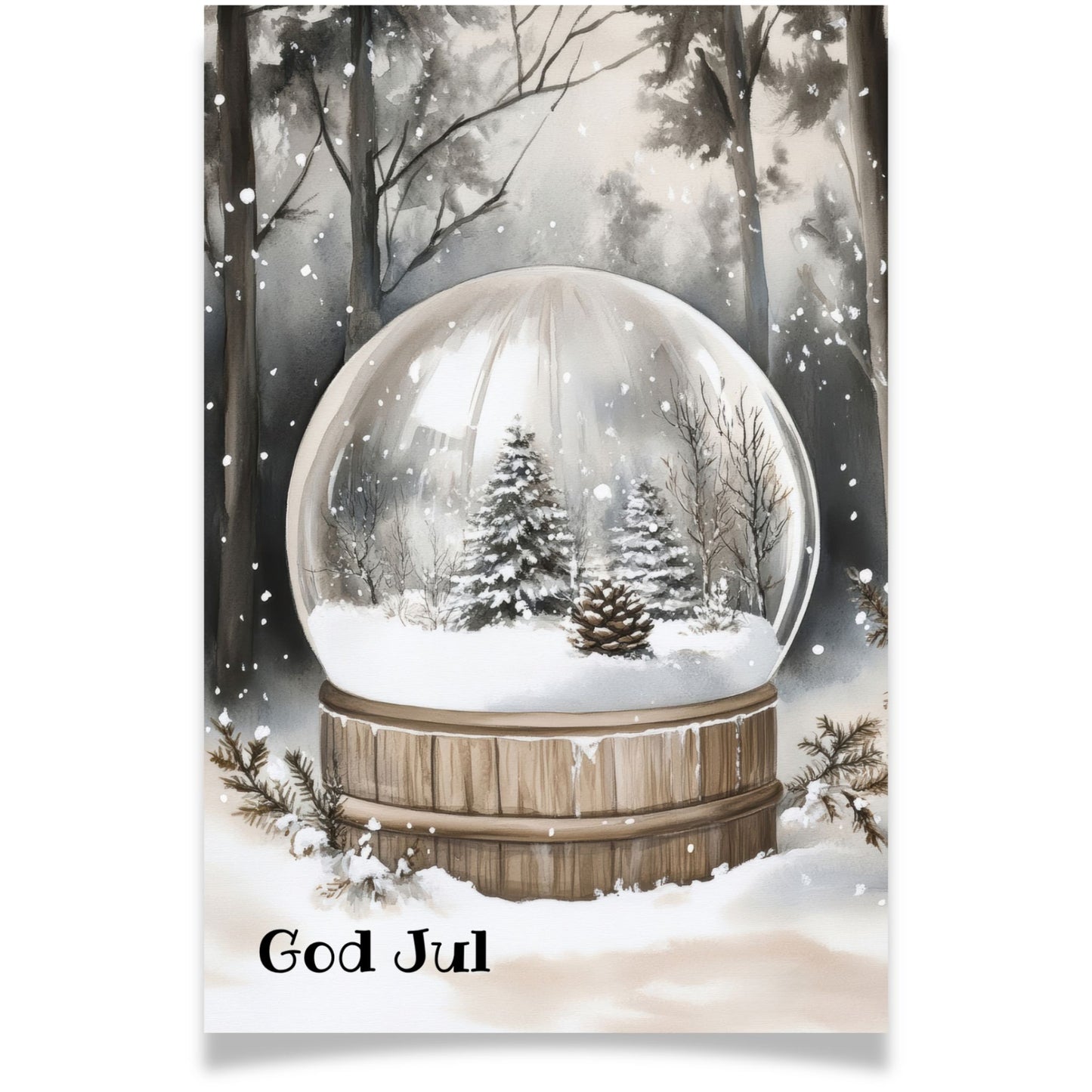 Julekort med snøkule og små grantrær – Cozy Winter Story Collection