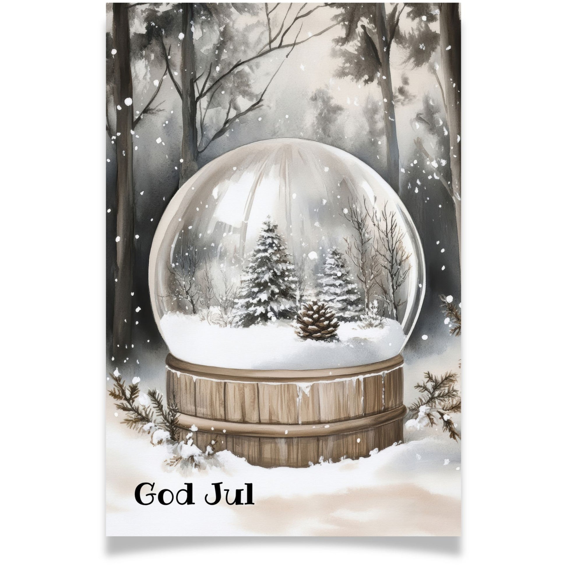 Julekort med snøkule og små grantrær – Cozy Winter Story Collection