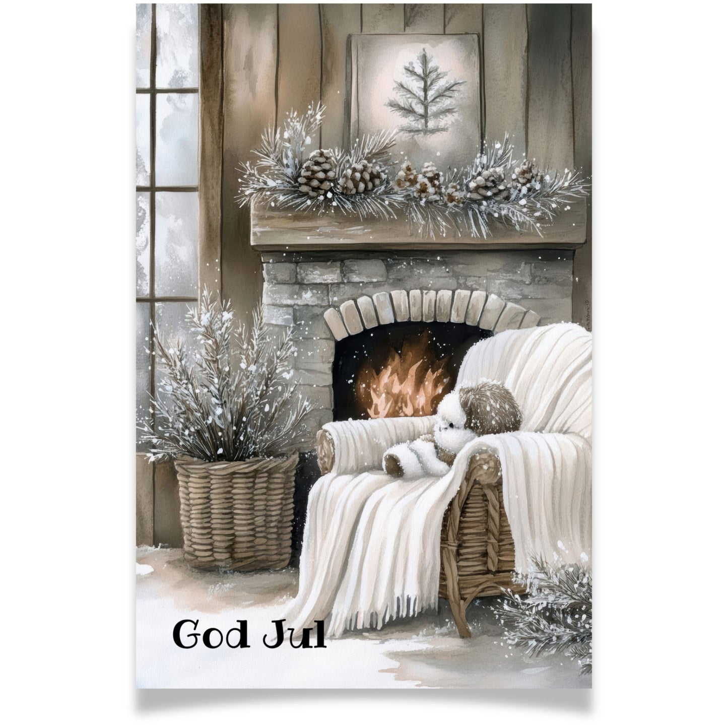 Julekort med peis, lenestol og vinterstemning – Cozy Winter Story Collection