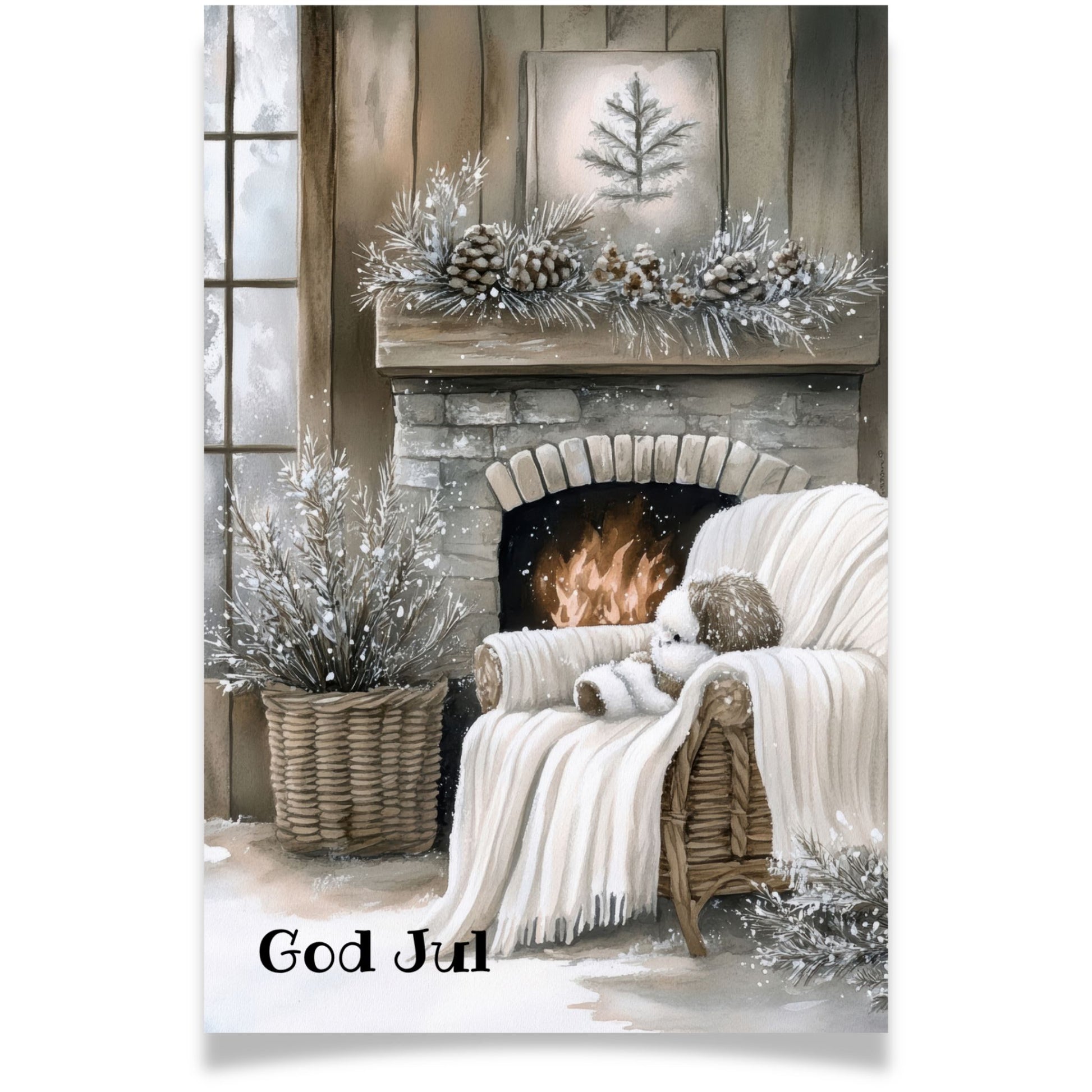 Julekort med peis, lenestol og vinterstemning – Cozy Winter Story Collection