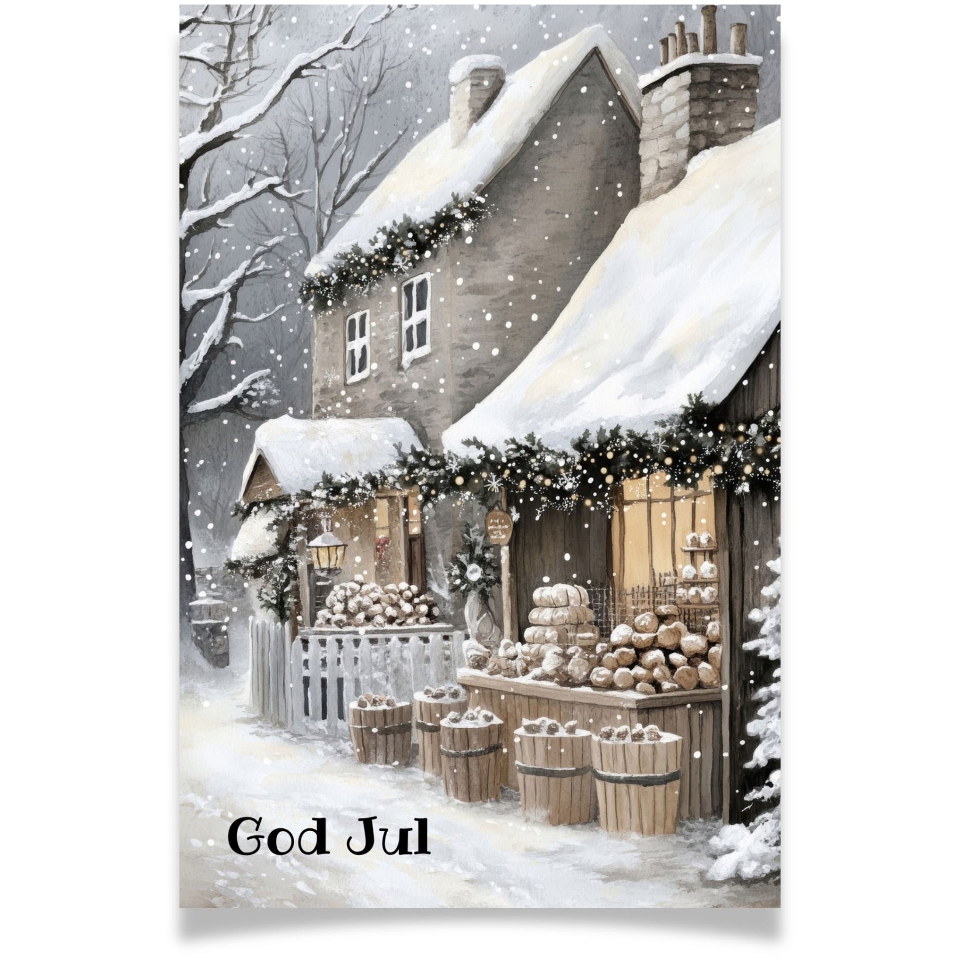 Julekort med bakeri og snødekorerte hus – Cozy Winter Story Collection