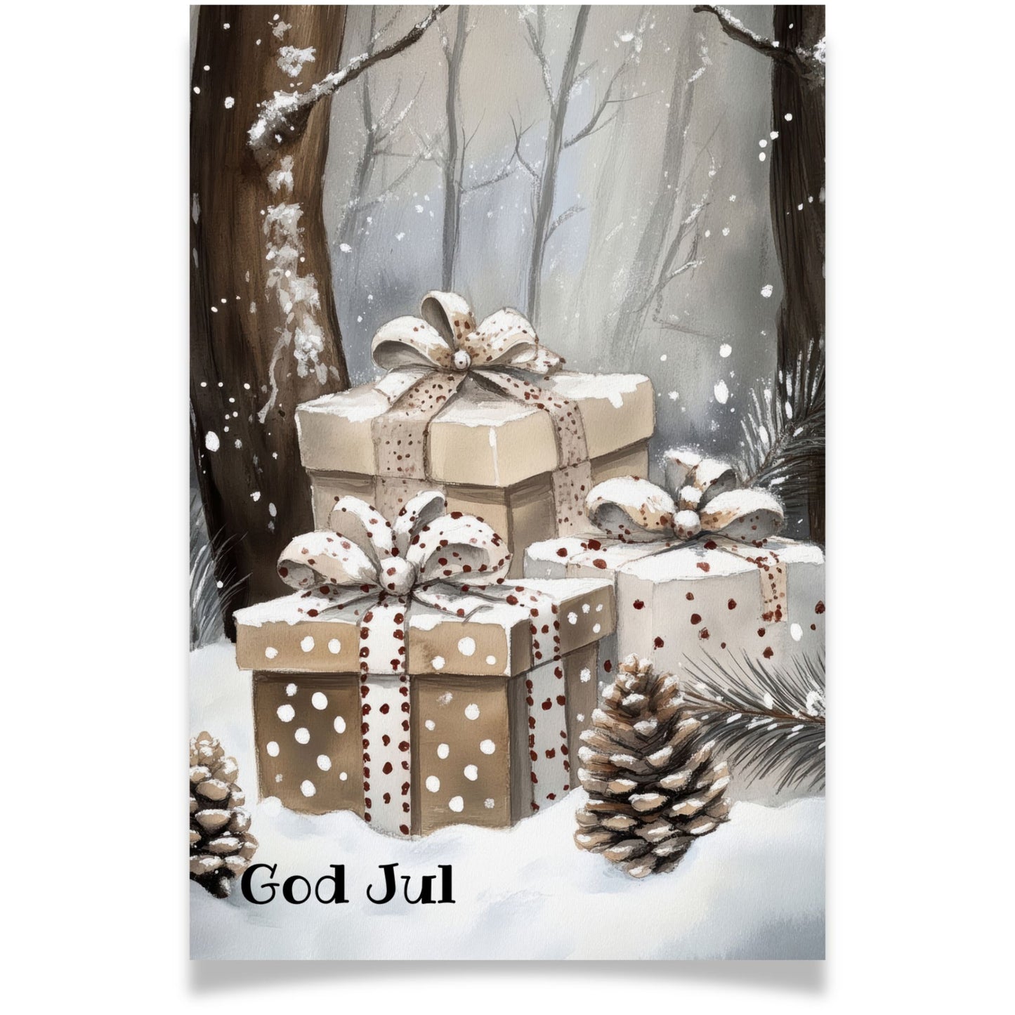 Julekort med gaver i snølandskap og naturtoner – Cozy Winter Story Collection