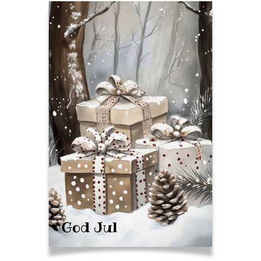 Julekort med gaver i snølandskap og naturtoner – Cozy Winter Story Collection