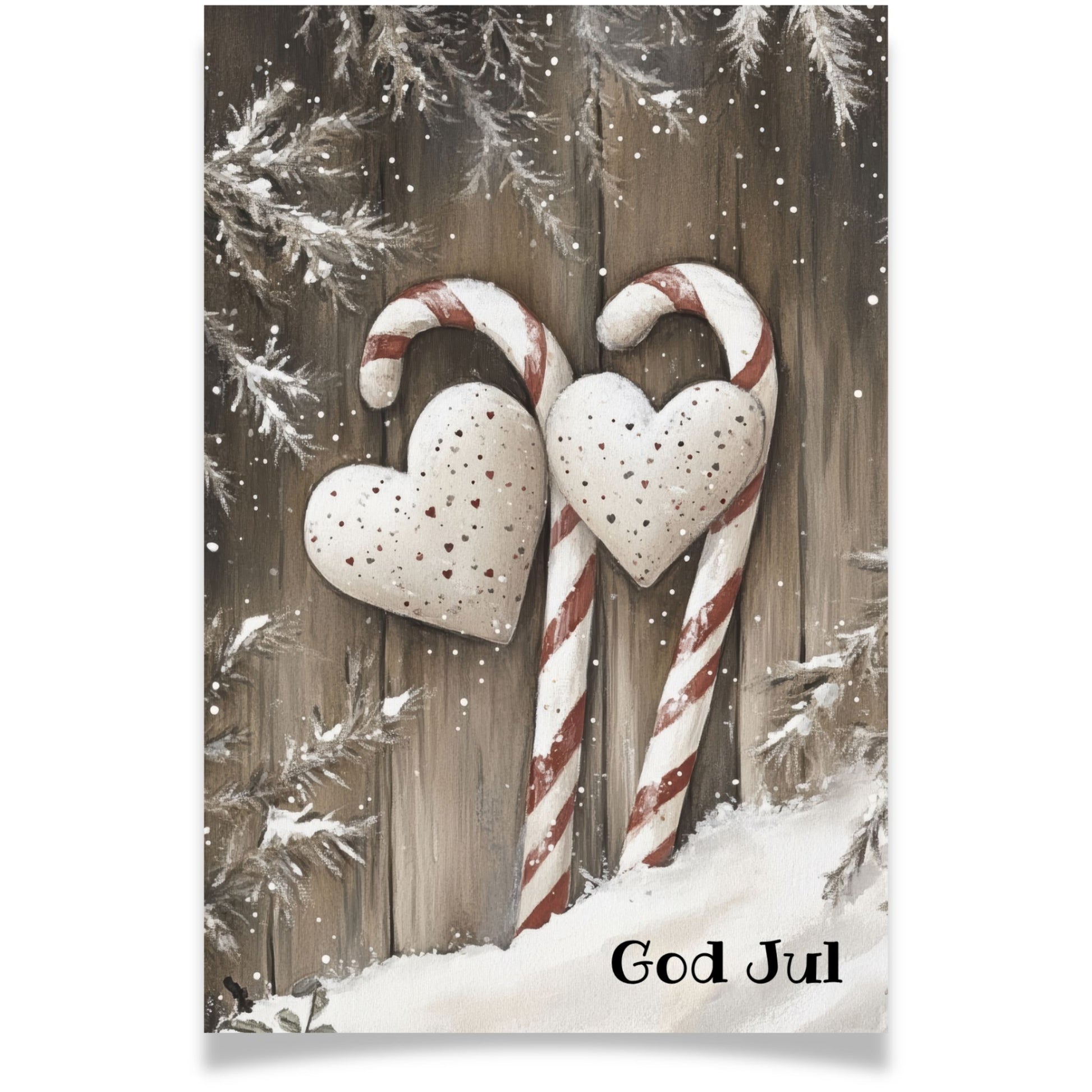 Julekort med sukkerstenger og hjerter i rødt og hvitt – Cozy Winter Story Collection. Me