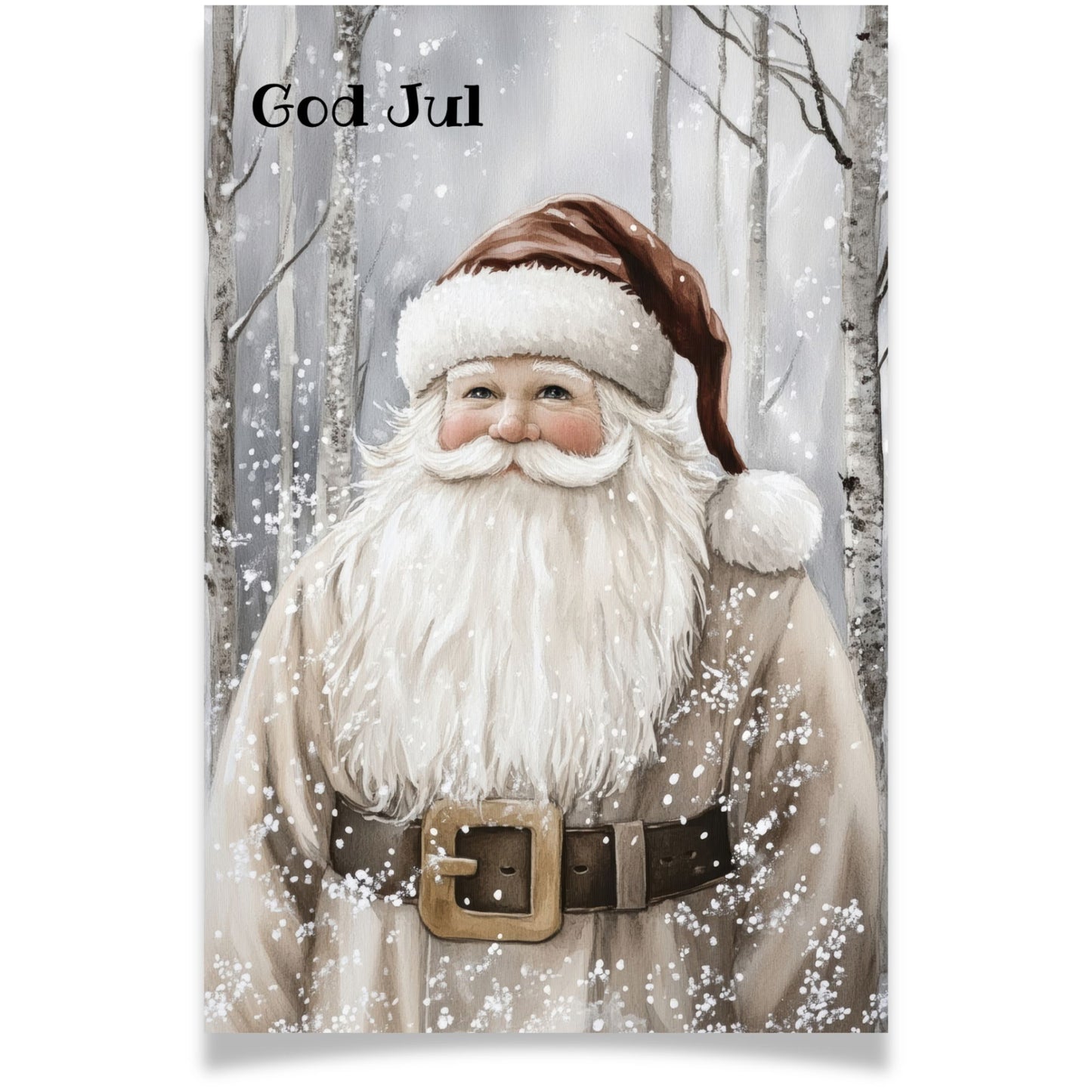 Julekort med julenisse i brun drakt i vinterlandskap – Cozy Winter Story Collection